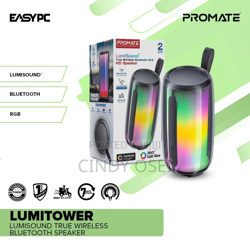 Promate High Fidelity Rgb Wireless Bt 5.3 Speaker, Tower Design