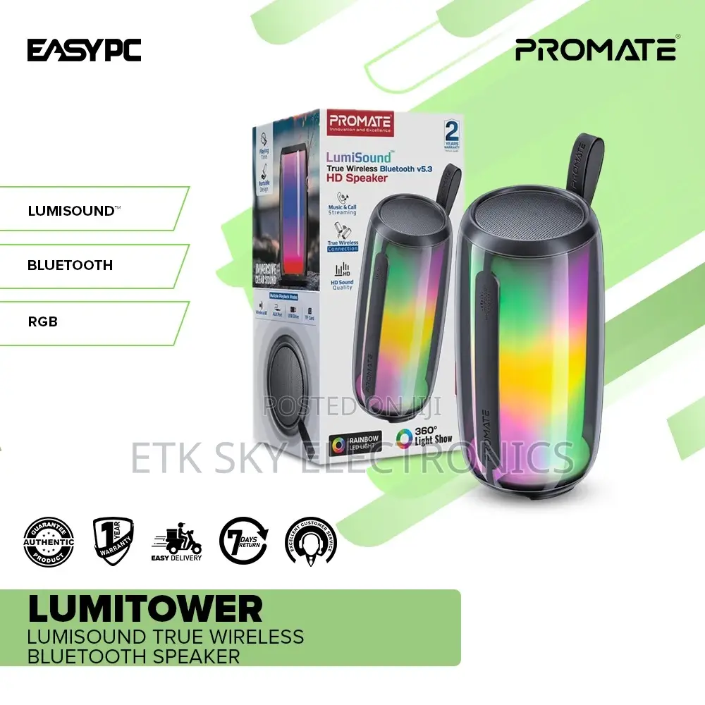 Promate High Fidelity Rgb Wireless Bt 5.3 Speaker, Tower Design