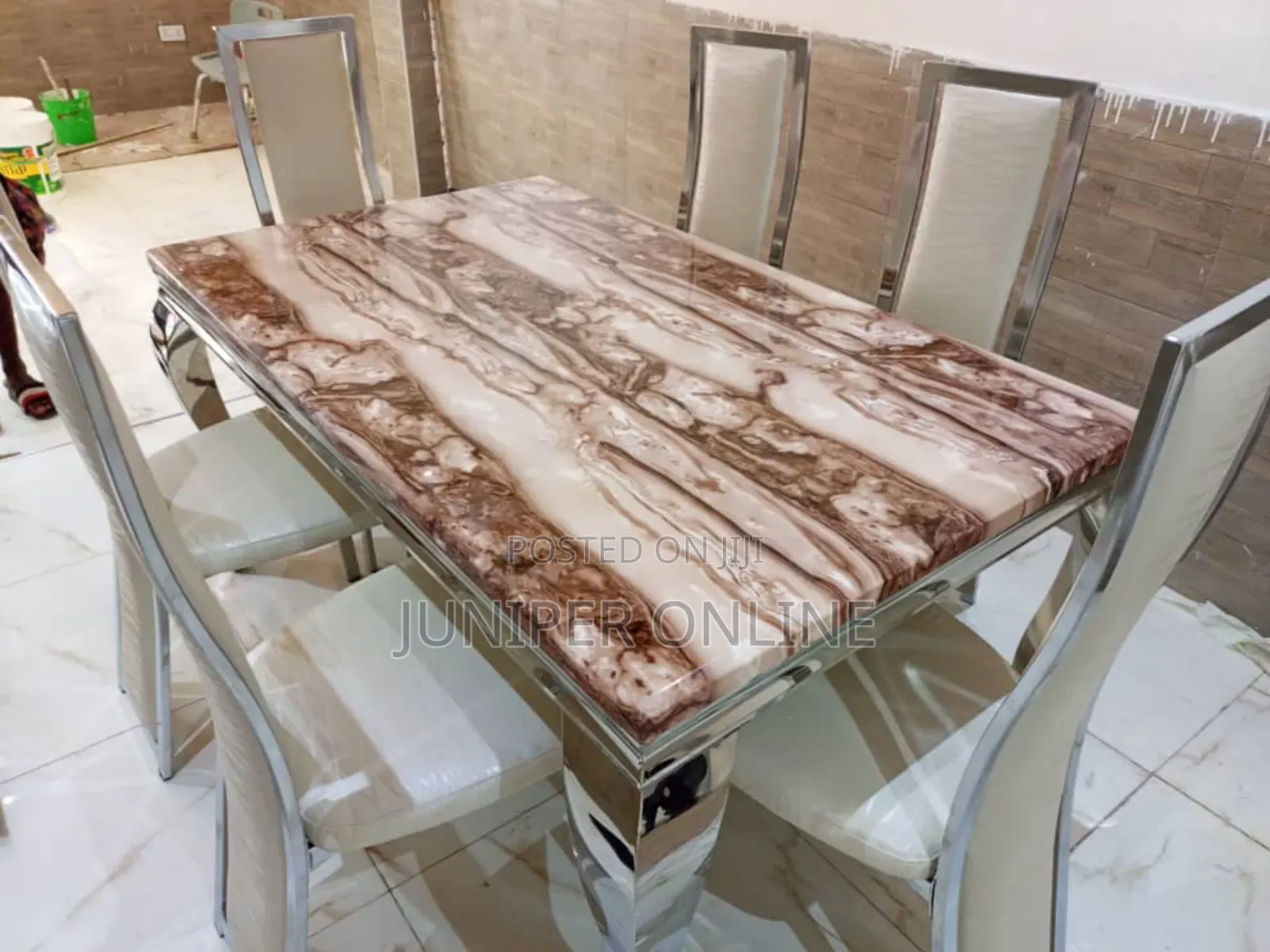 Dining Set 6chairs Marble Brown Milk