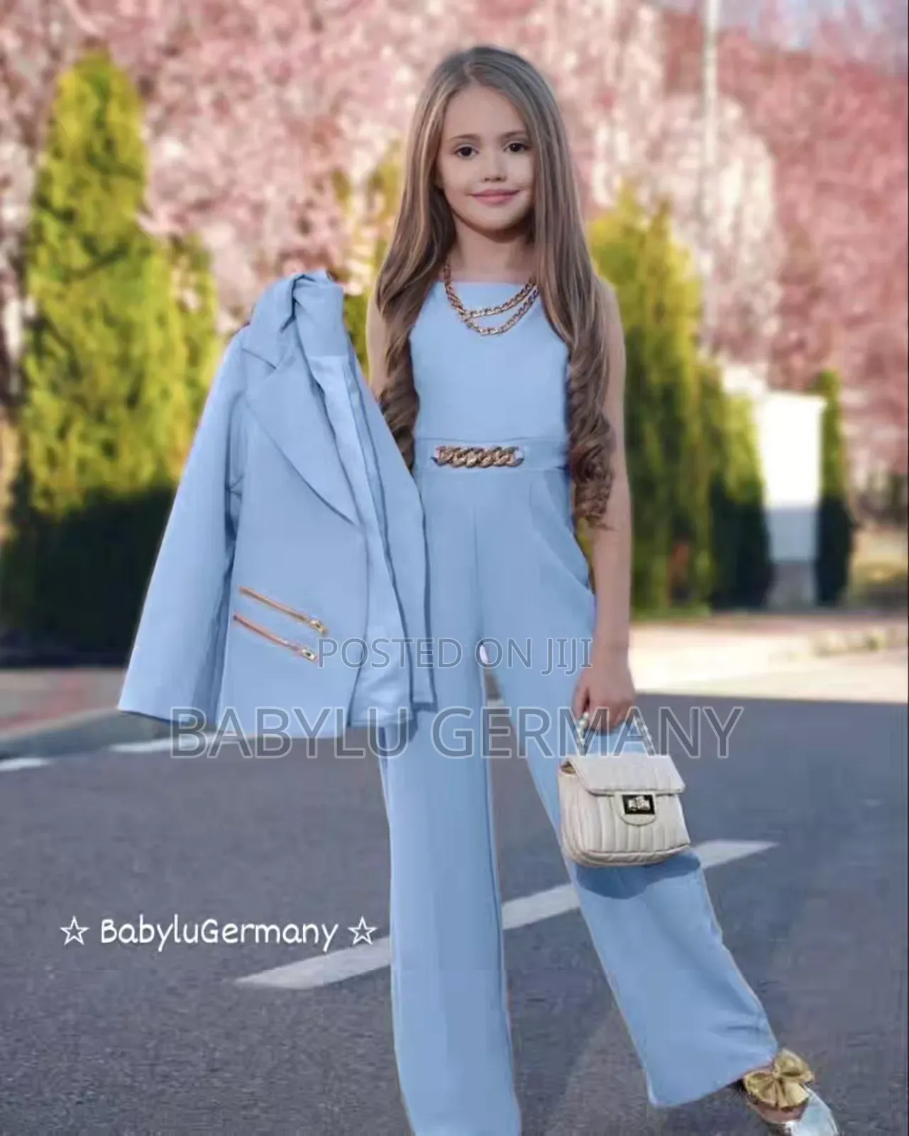 Sea Blue Girl Jumpsuit or Suit With Bag, Necklace and Blazer