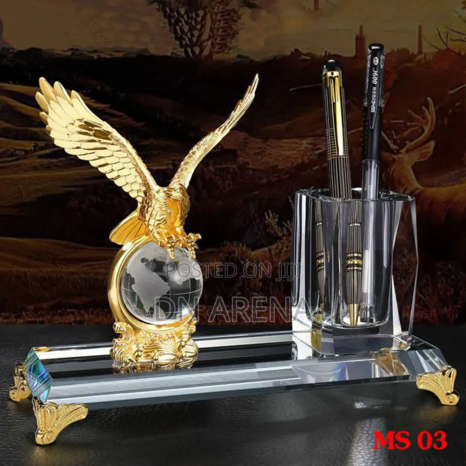 Crystal Globe and Eagle Desk Organizer Pen Holder