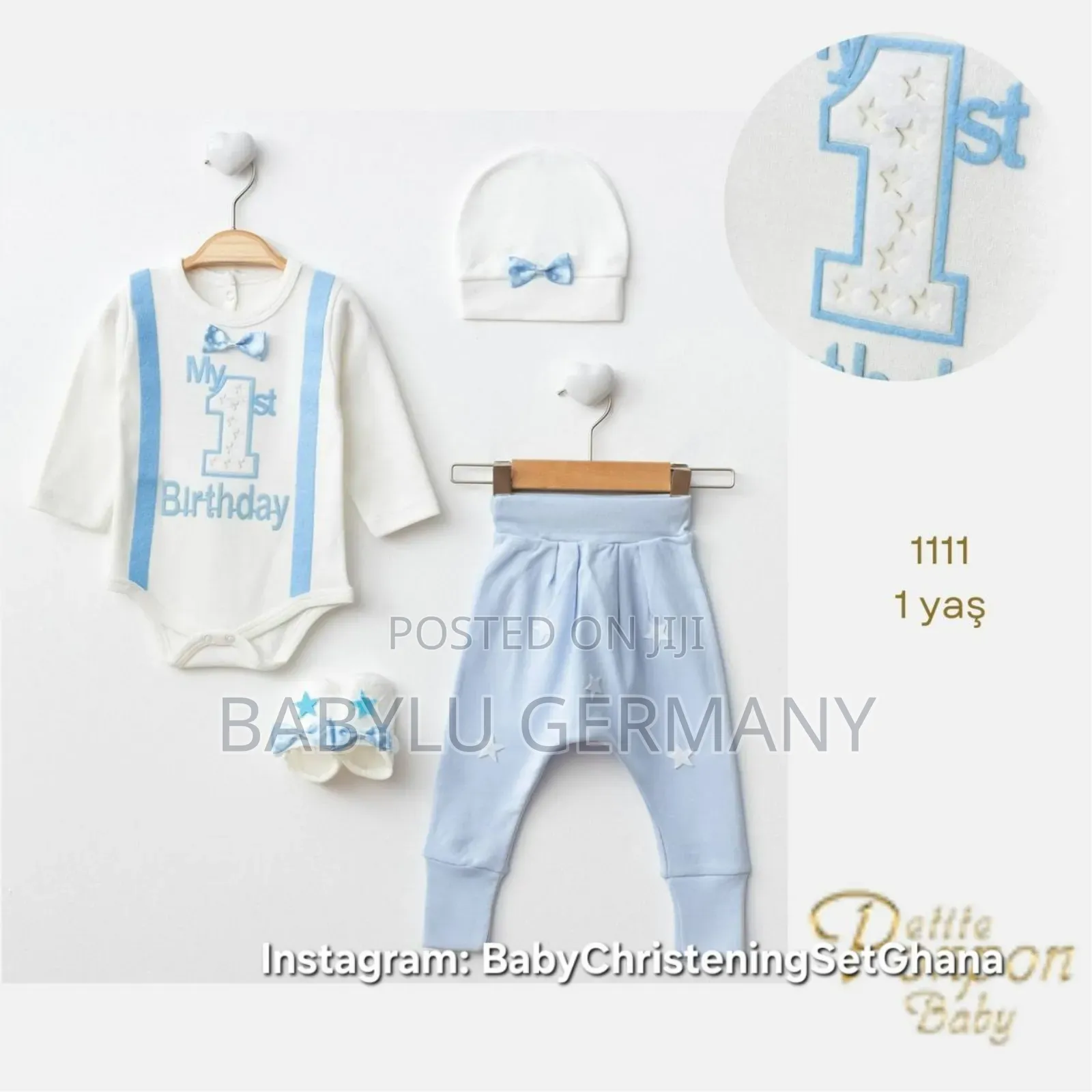 Luxury Baby Boy First Birthday Blue and White Set