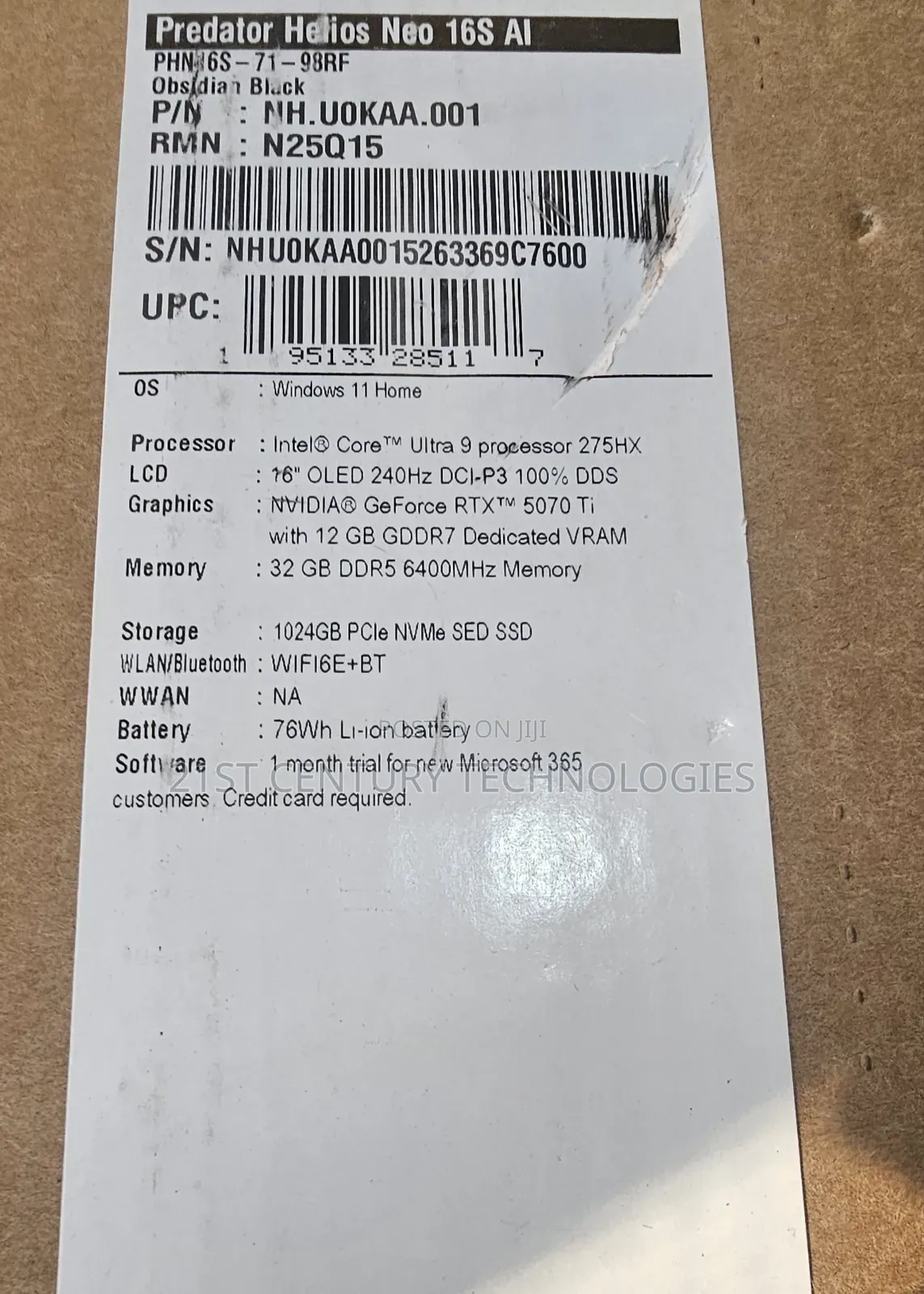 New Laptop Acer Predator Helios Neo 16 32GB Intel Core Ultra 9 SSD 1T