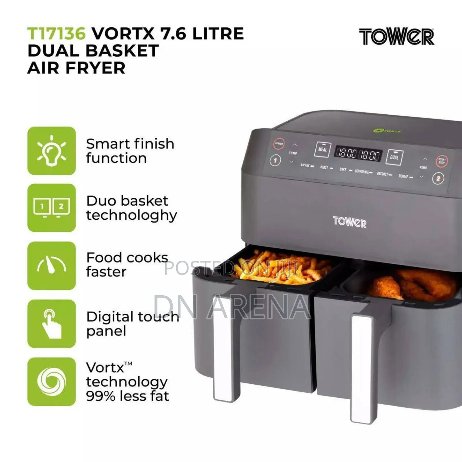 Tower T17181 Vortx Dual Basket Air Fryer Cooking Fryer 8l Greyp