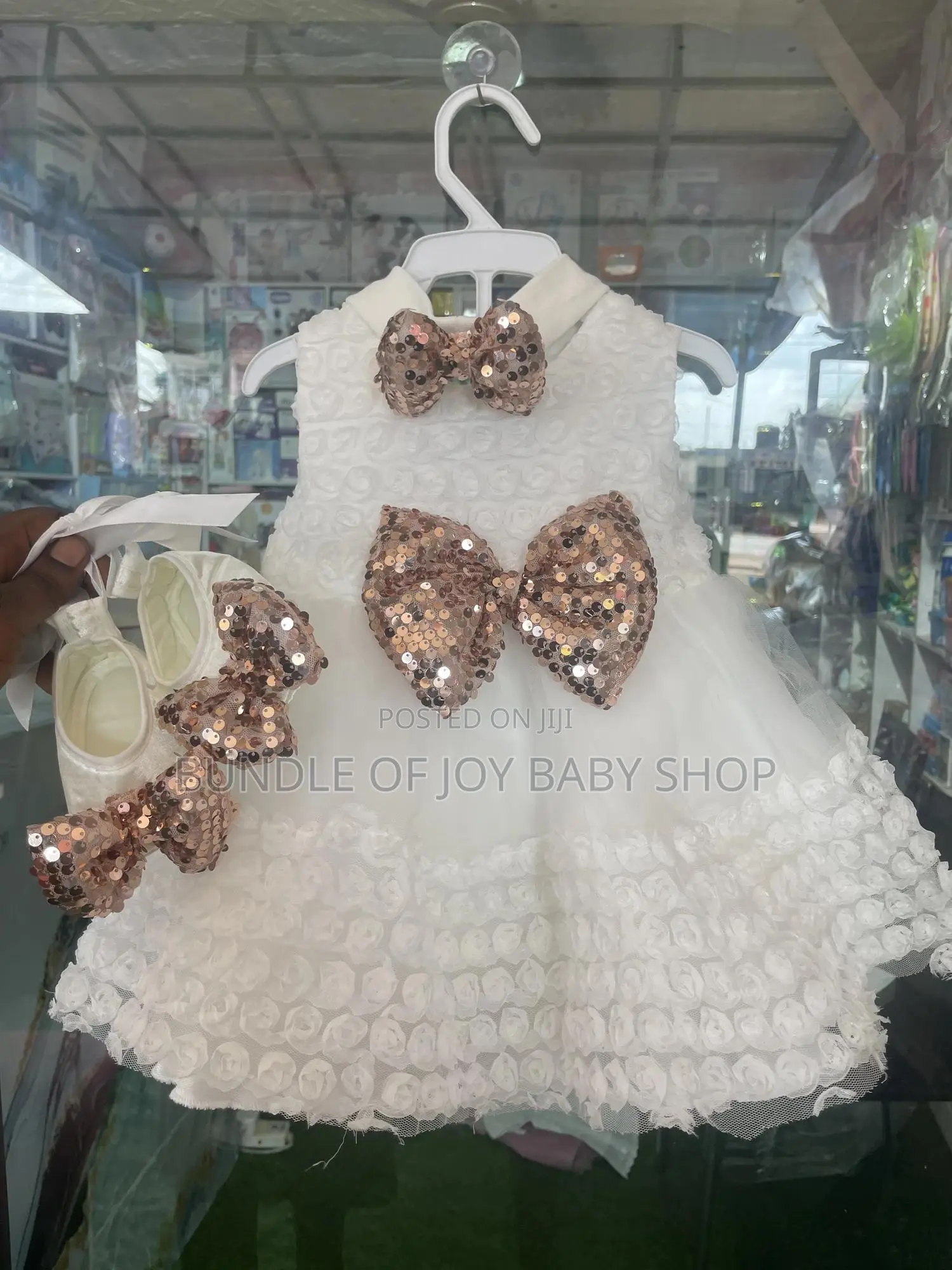 White Baby Girl Dress With Sequined Bows and Matching Shoes