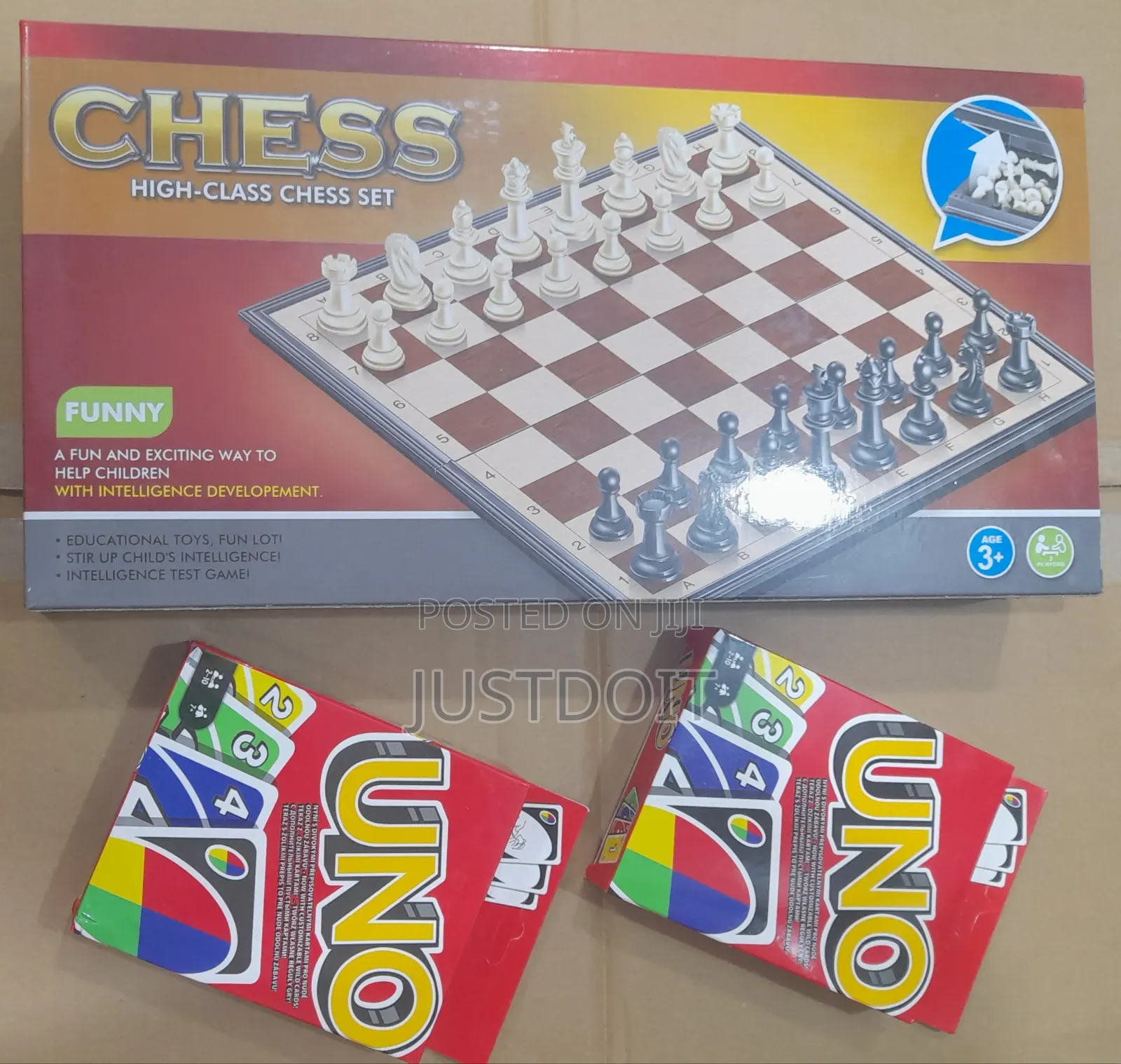 Chess Board Game and 2 Uno Card Games.