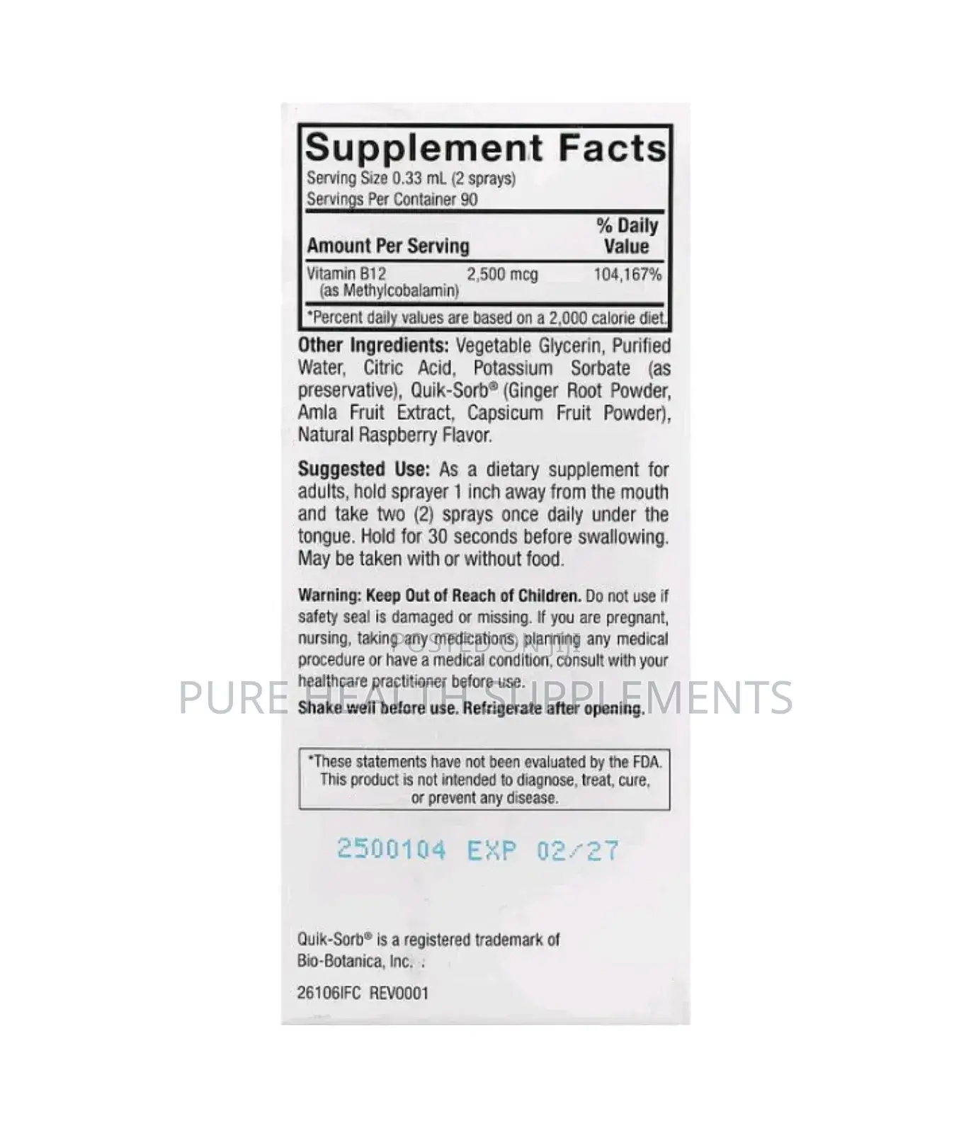 Nature's Answer Methylcobalamin B12 2500 MCG Liquid Spray, 30 Ml