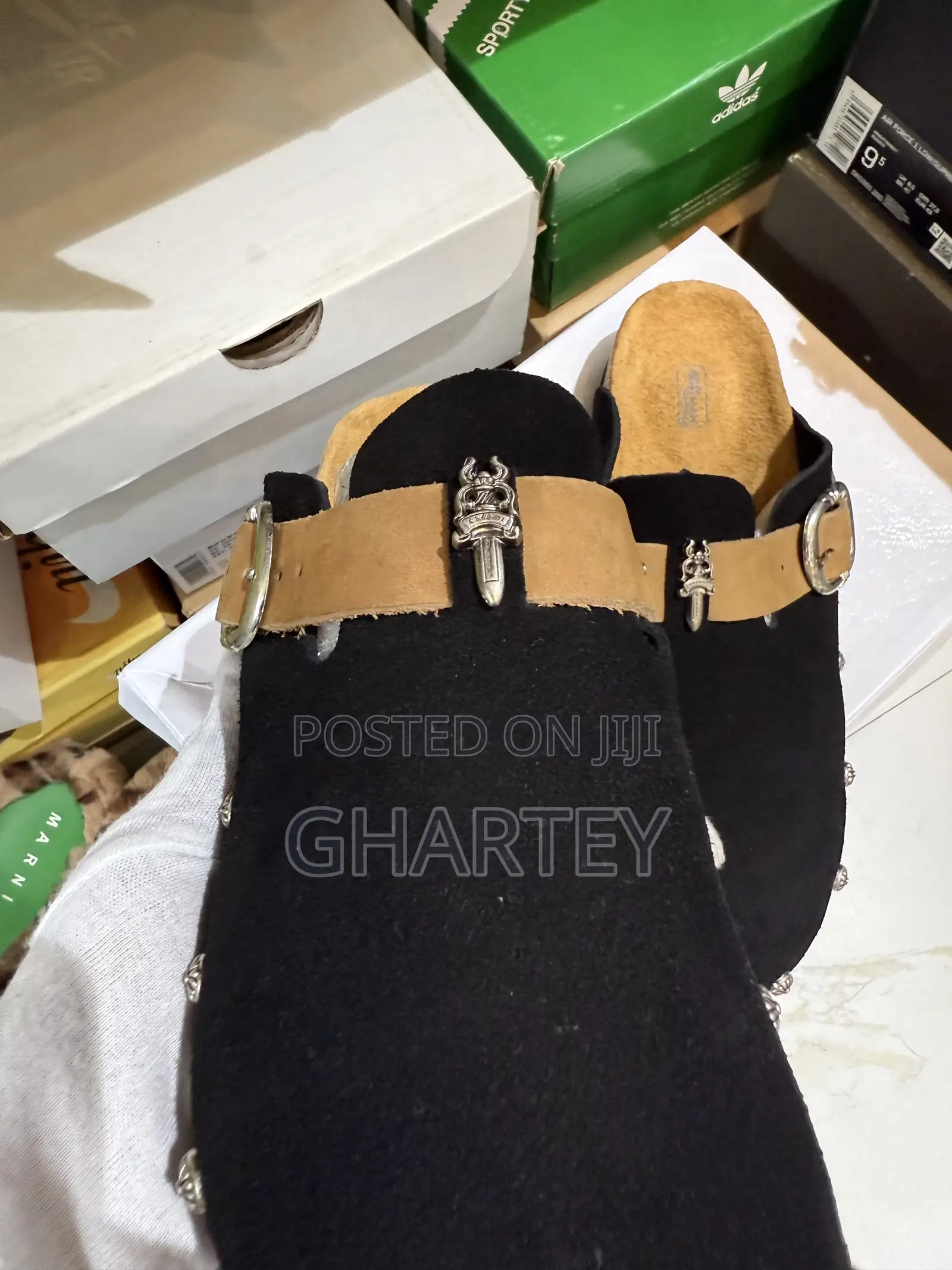 Black Suede Buckle Slip-on Sandals