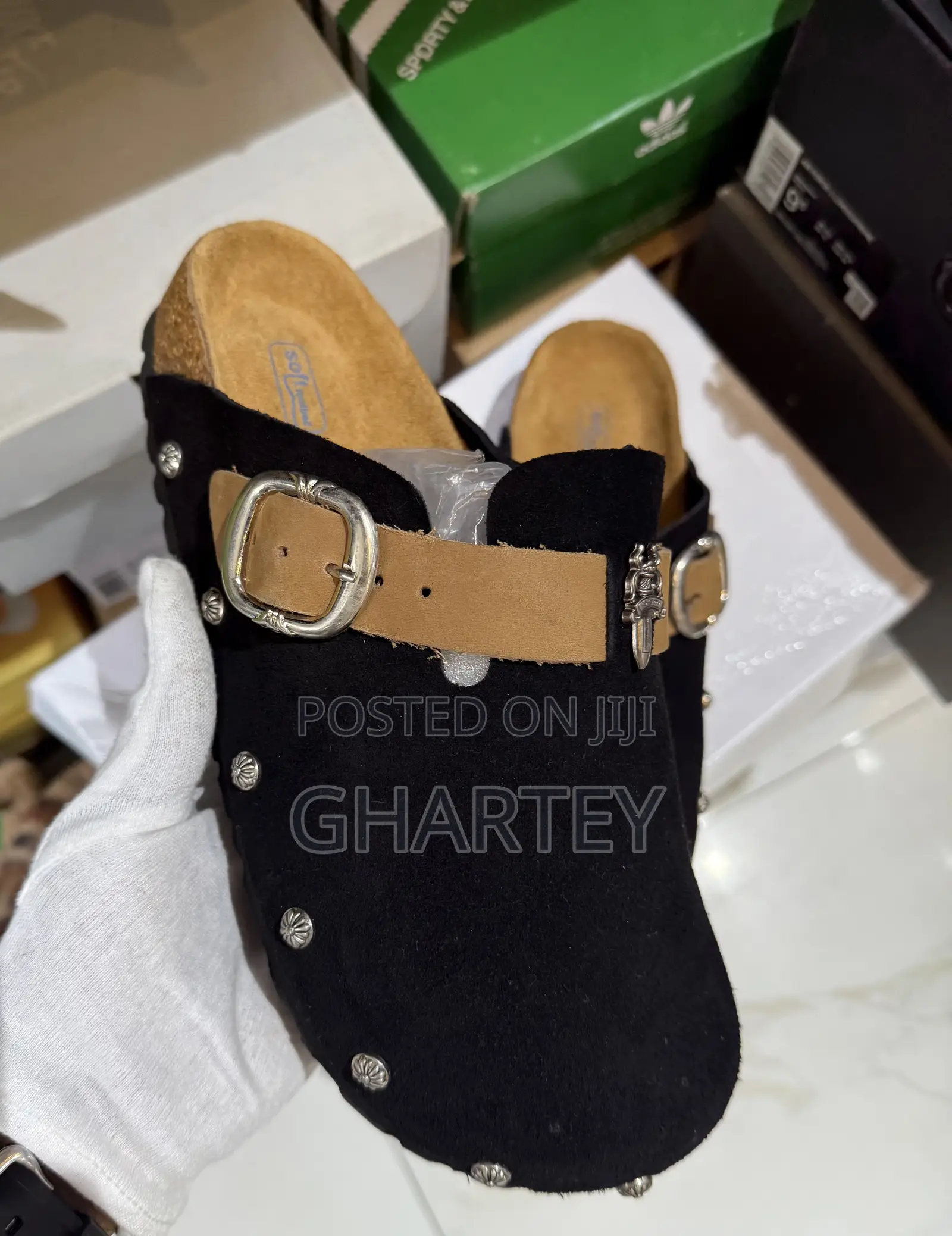 Black Suede Buckle Slip-on Sandals