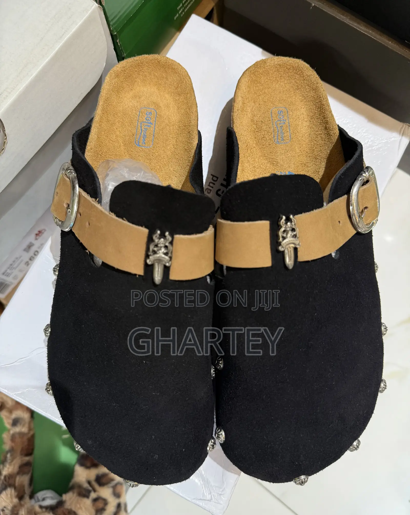 Black Suede Buckle Slip-on Sandals