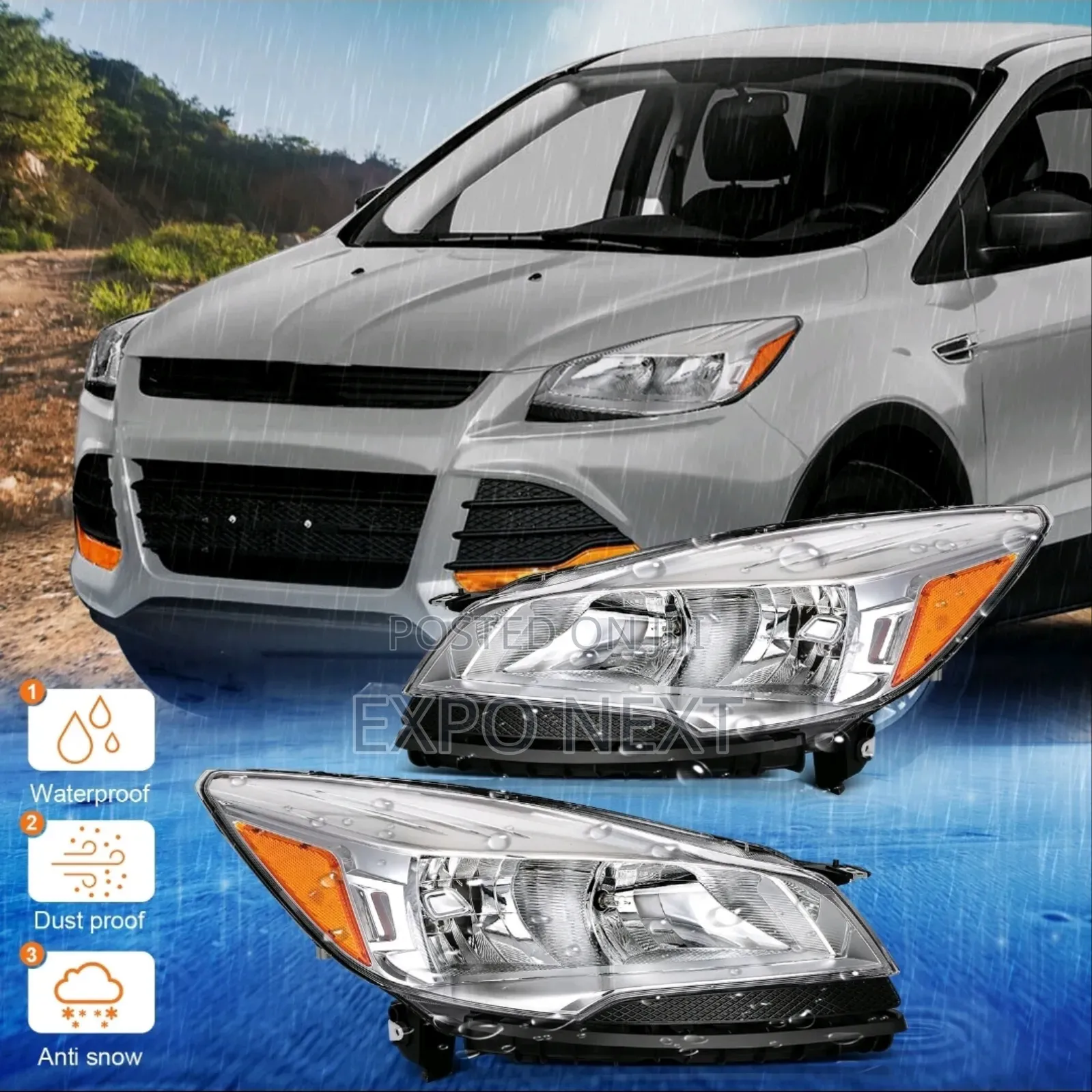 Headlight For 2013-2016 Ford Escape Halogen Chrome Pair