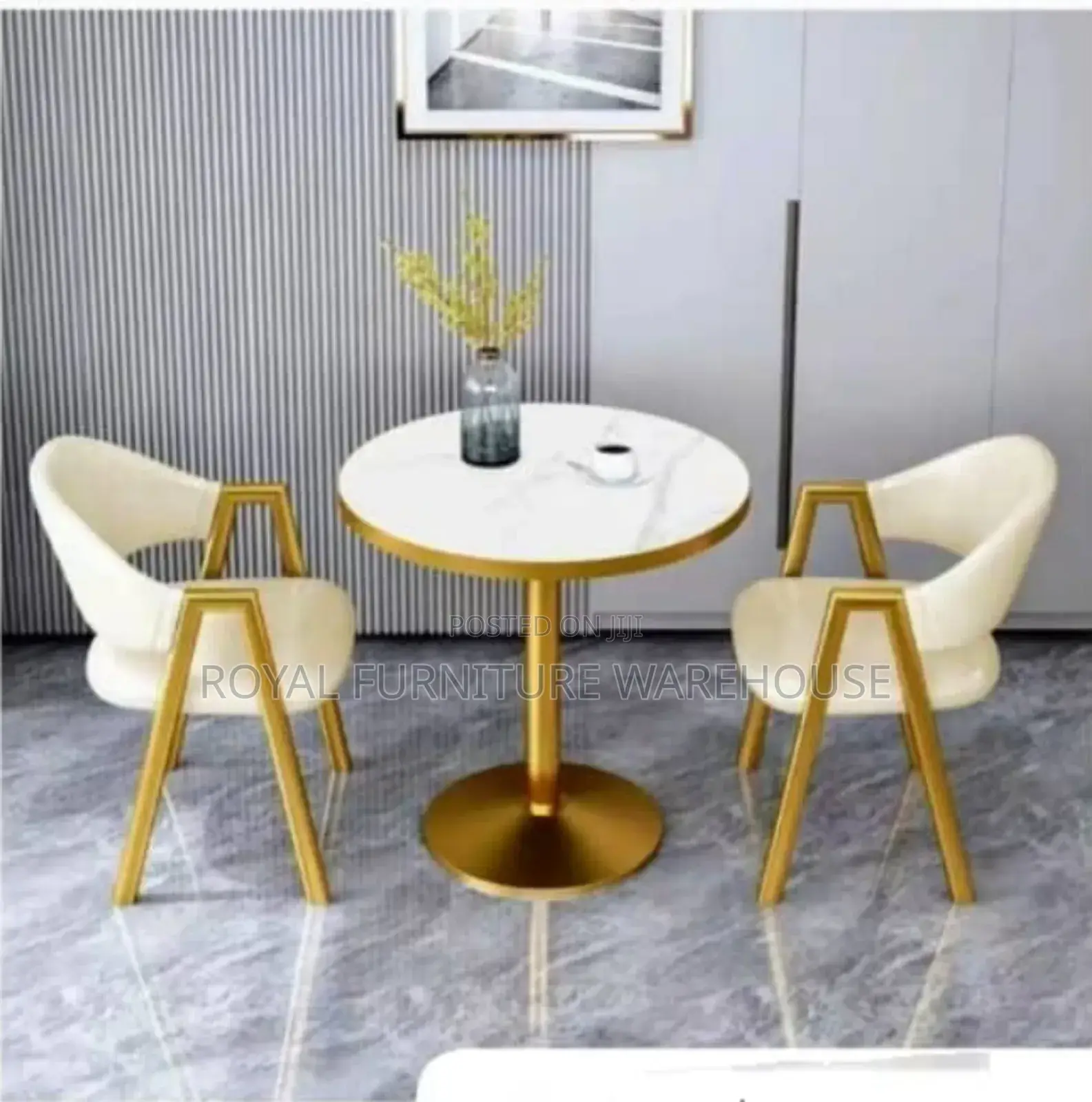 Cream White Seat and Gold 2 Seater Dining Set (Light Weight Table)