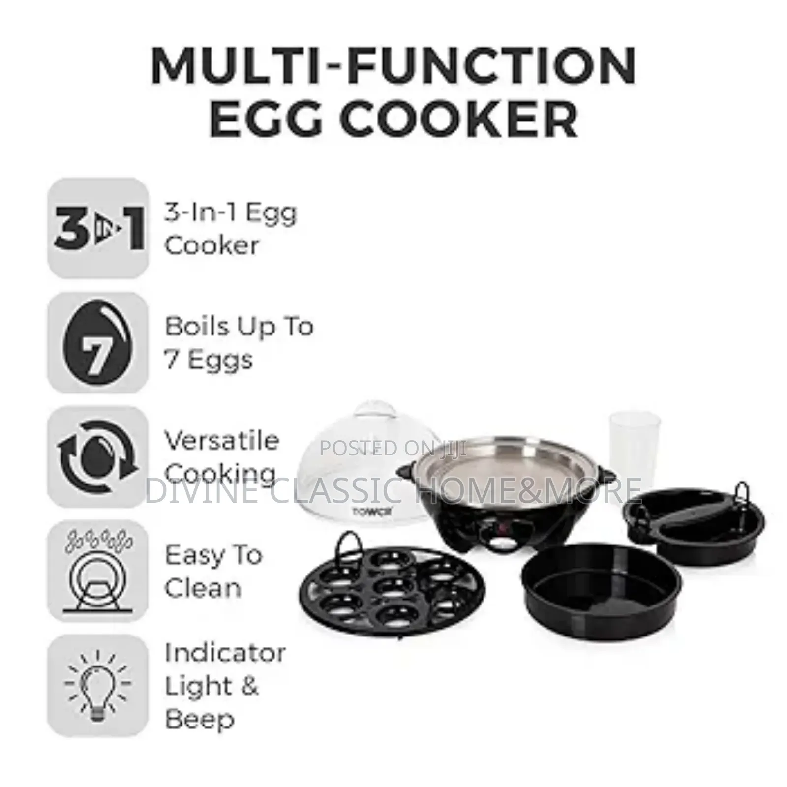 Tower 3in1 Egg Cooker With Egg Poaching Tray Omelette Tray