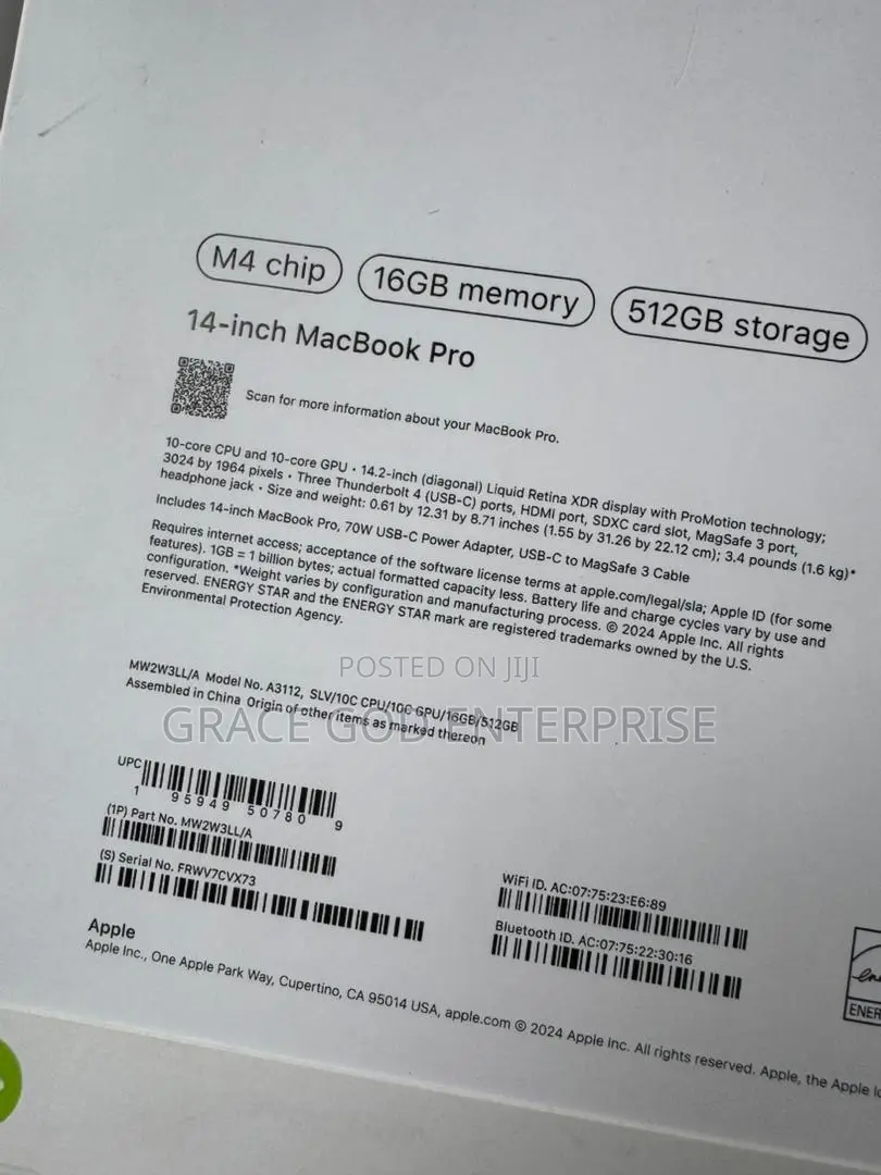 New Laptop Apple MacBook Pro 2024 M4 14-inch 16GB Apple M4 SSD 512GB