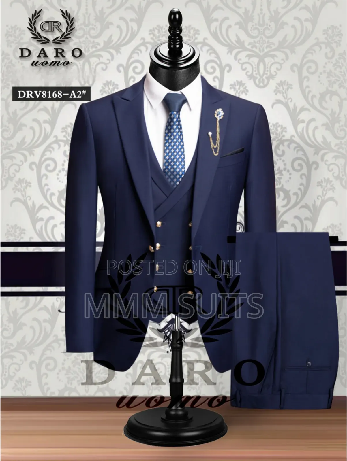 3-Piece Official Men Suit With Gold Buttons in Blue-Black From Turkey