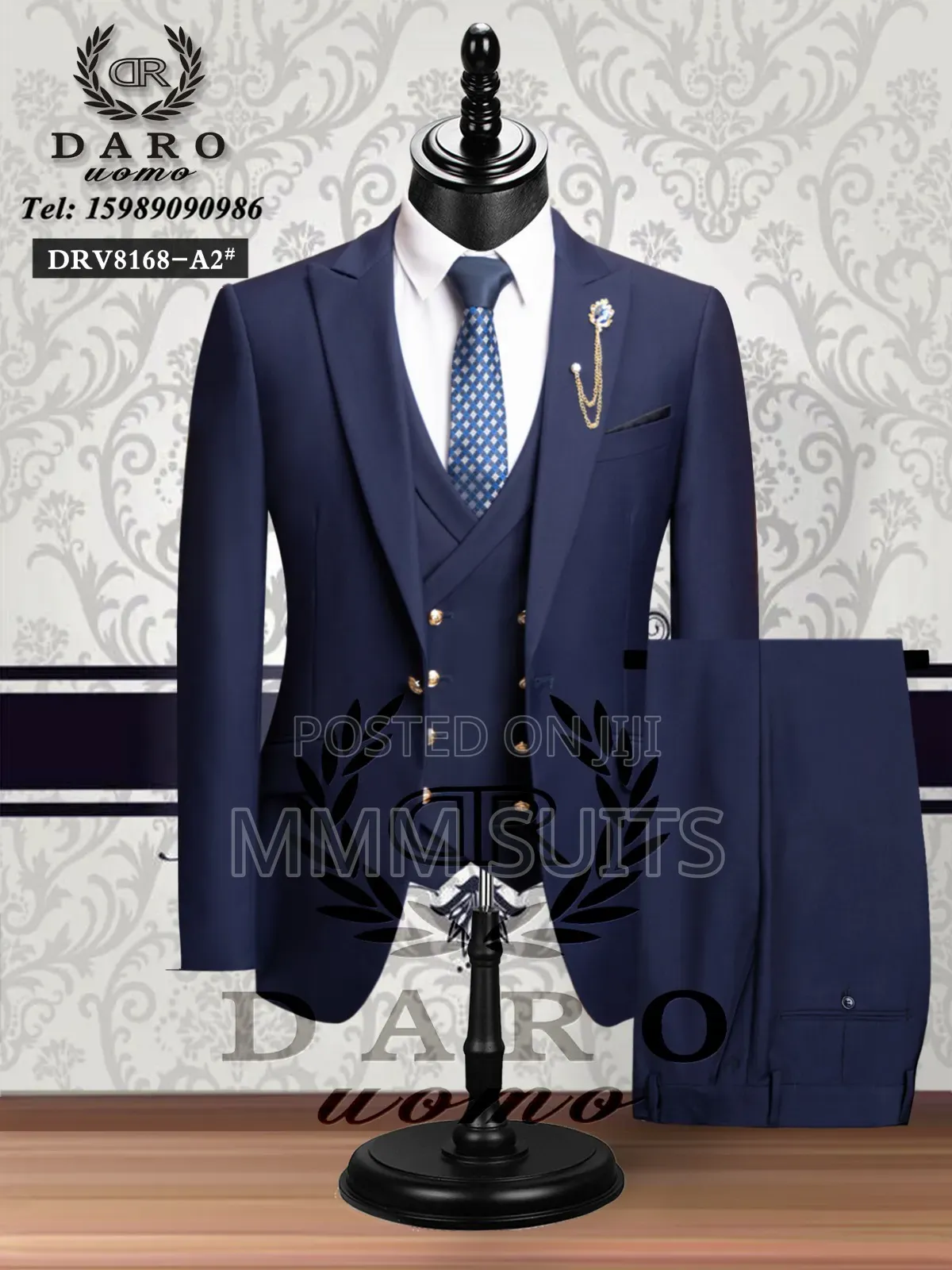 3-Piece Official Men Suit With Gold Buttons in Blue-Black From Turkey