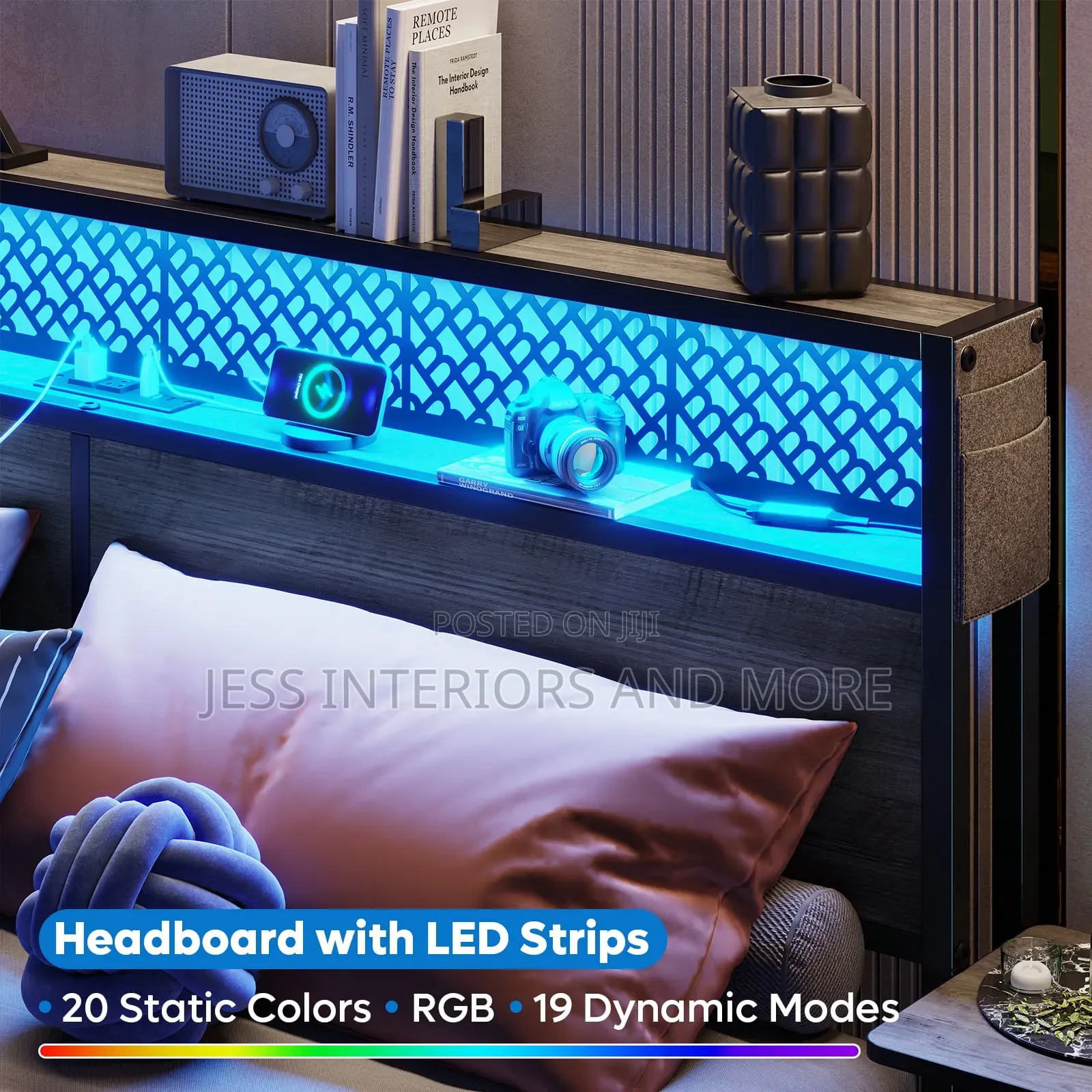 Bed Frame(King Size) With Bedside Shelves and Led Charge Station
