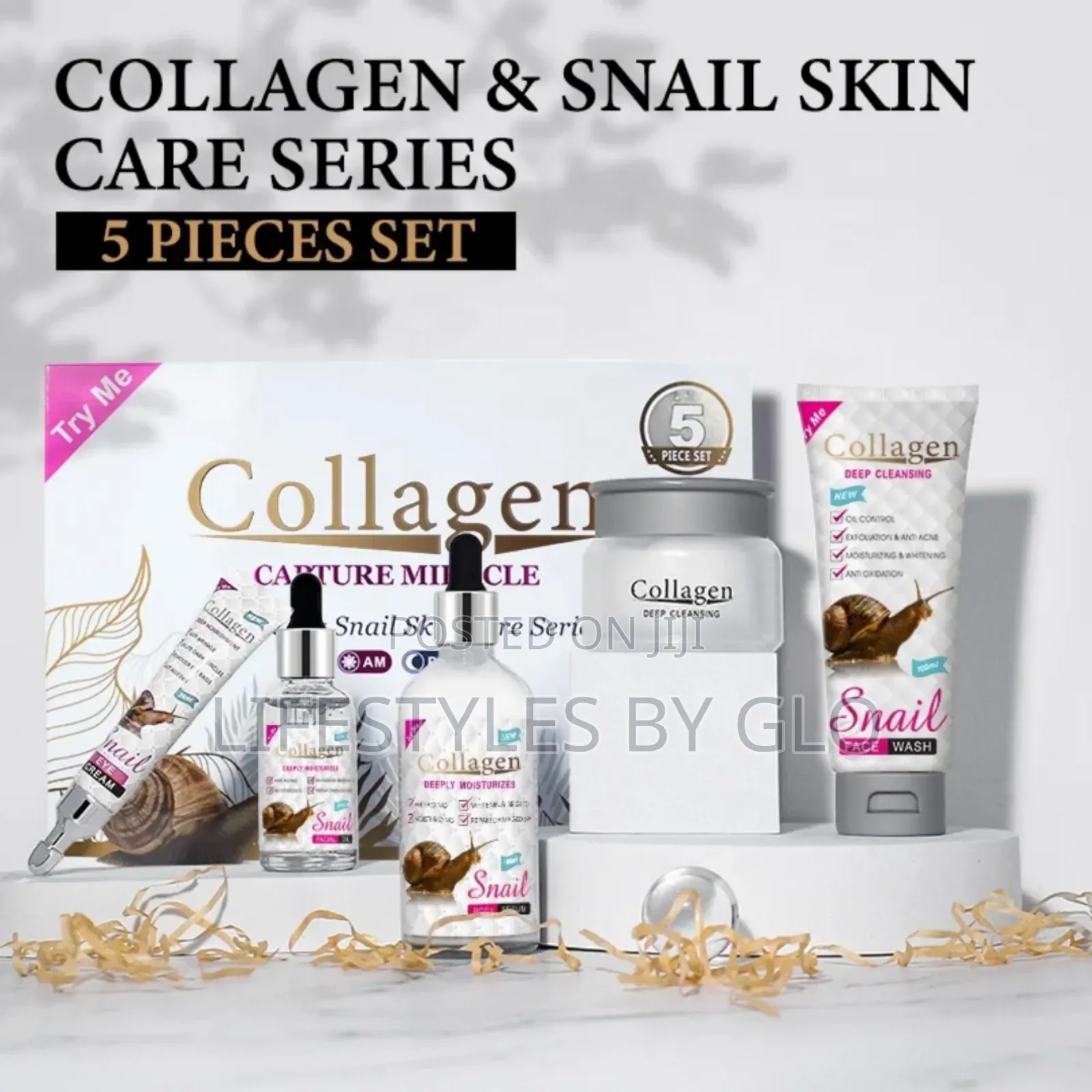 Snail Collagen Face Cream, Serum Soap Anti-Aging Anti-Acne 5pcs Set