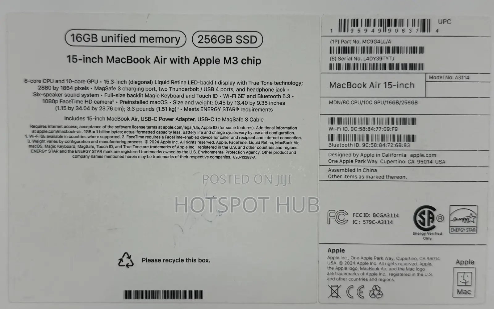 New Laptop Apple MacBook Air 16GB Apple M3 SSD 256GB