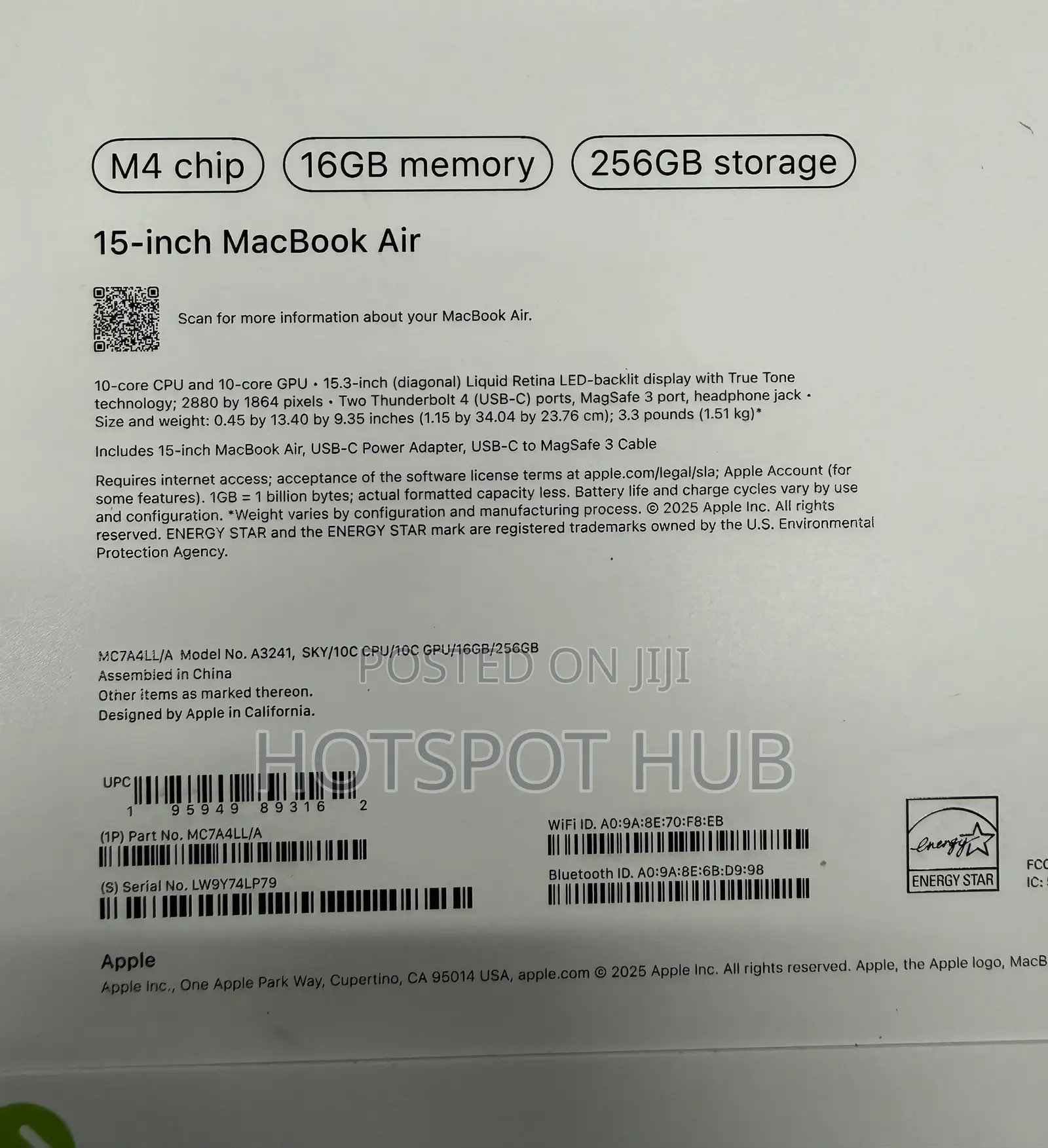 New Laptop Apple MacBook Air 16GB Apple M4 SSD 256GB
