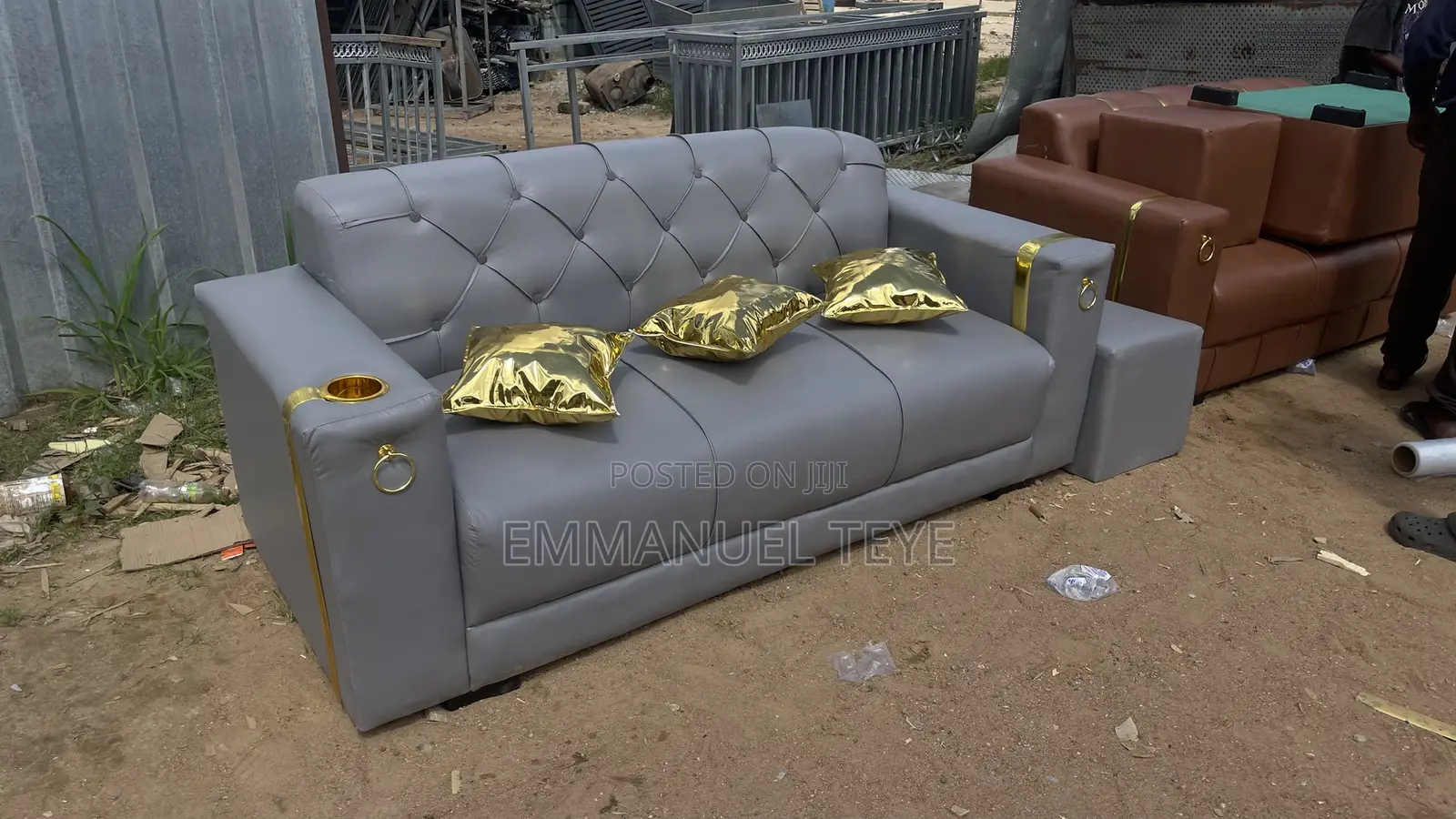 Ash Leather Sofa With Golden Pilos