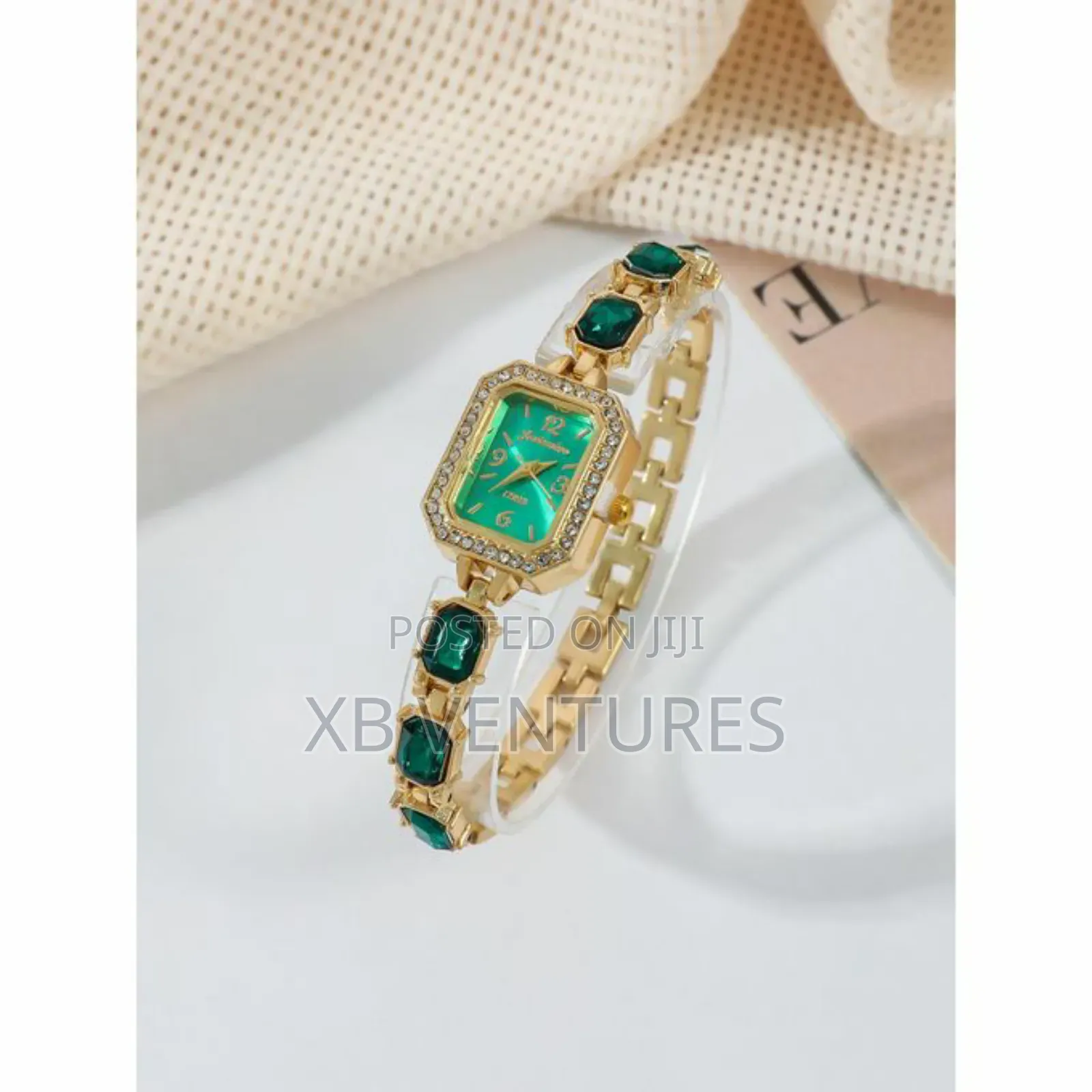 Rhinestone Jewelry Set - Watch + Bracelet - Green