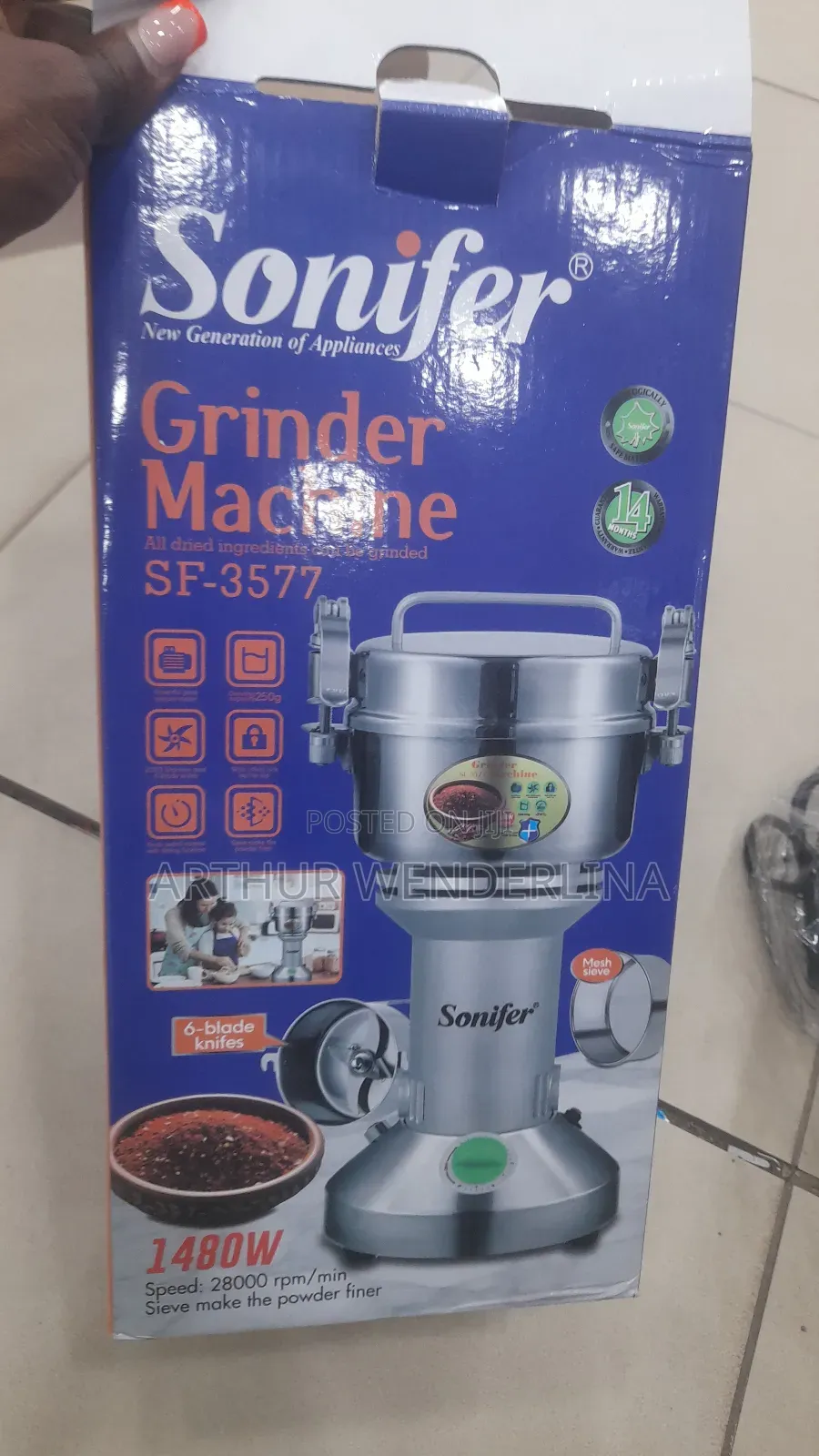 Sonifer Stainless Steel Grinder Coffee, Spice Grinder 1480w .(250g)