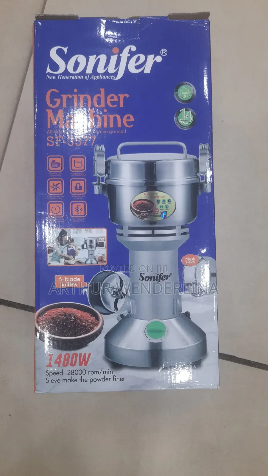 Sonifer Stainless Steel Grinder Coffee, Spice Grinder 1480w .(250g)