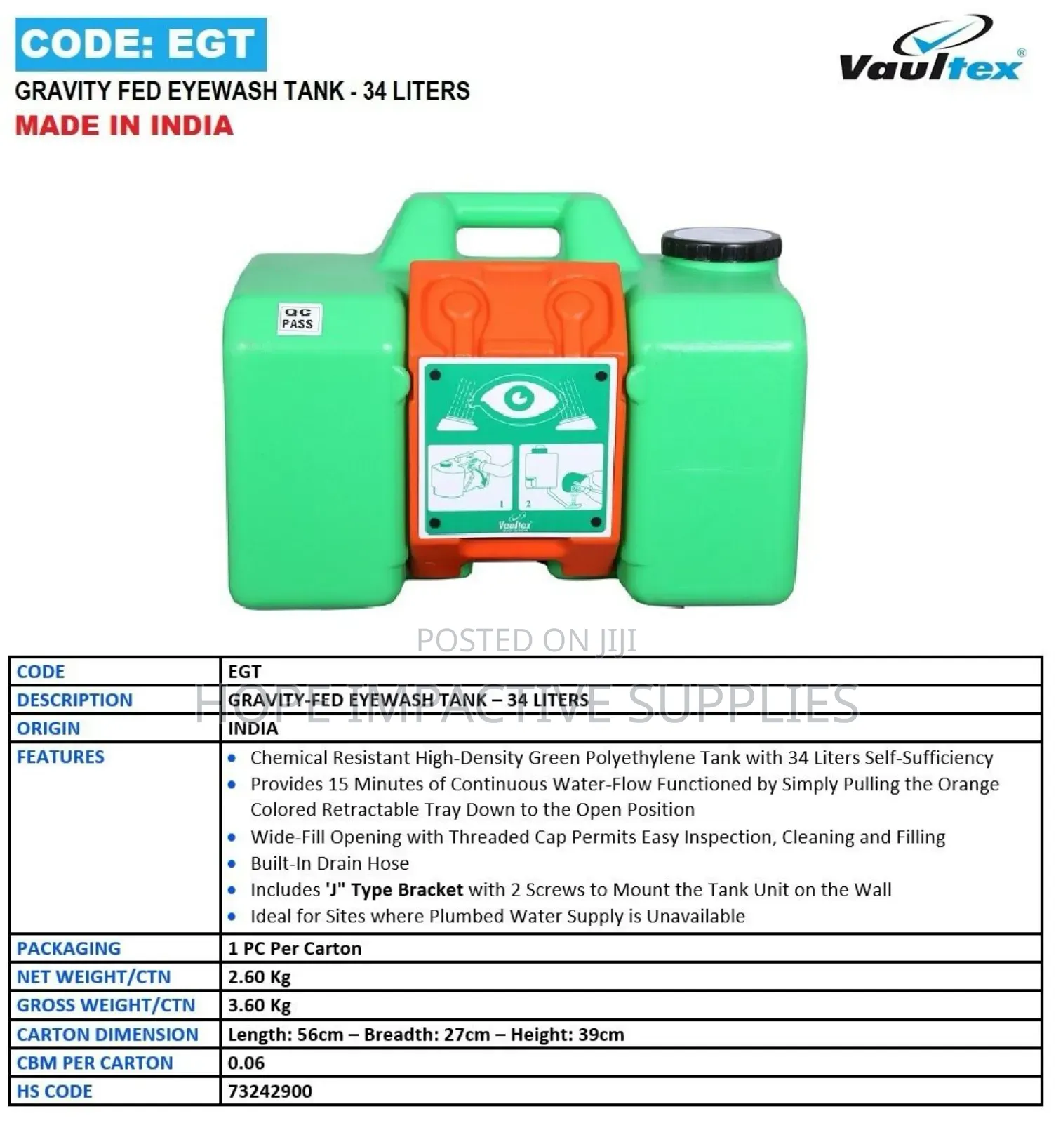 Gravity Fed Eye Wash Tank, 34 Litres.