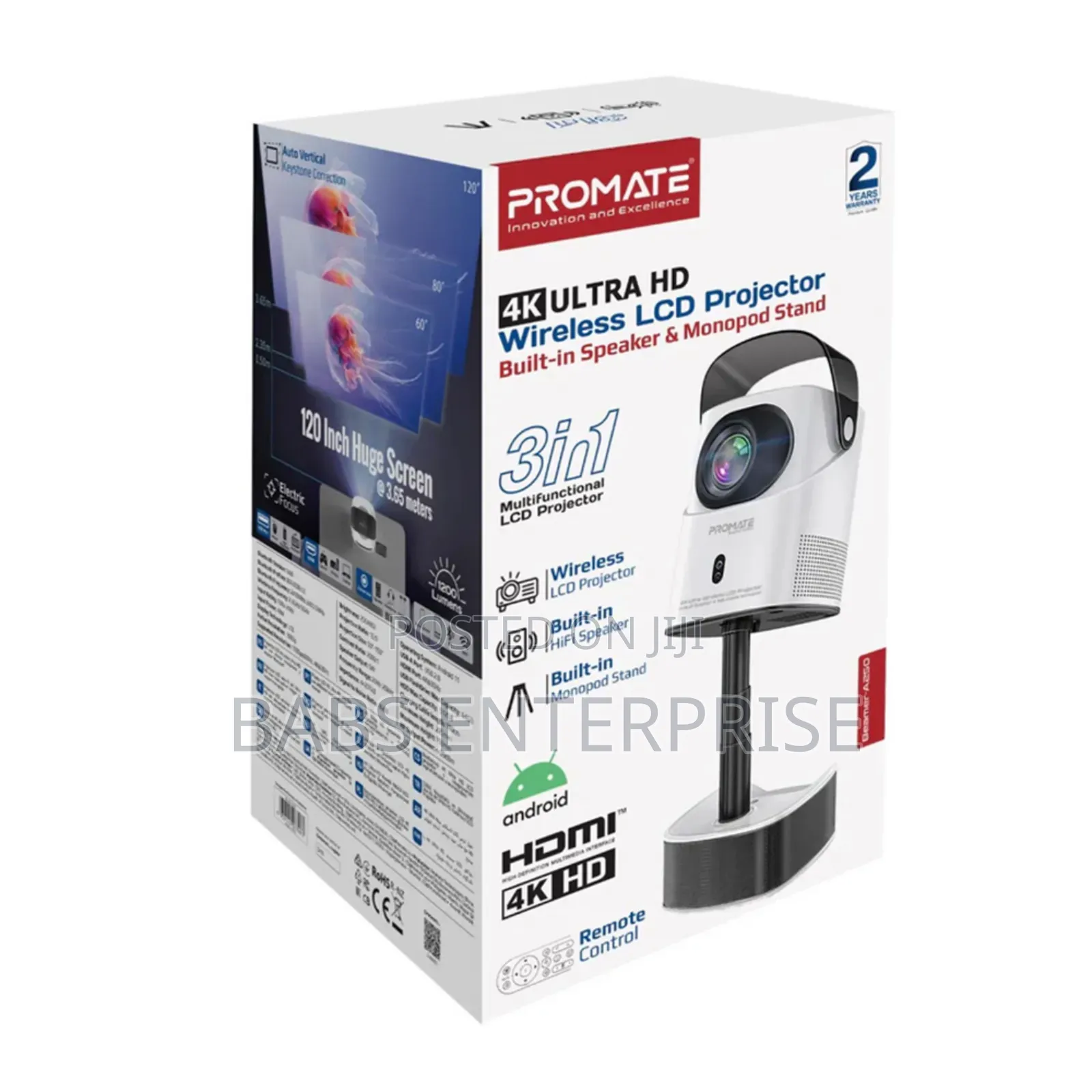 Promate Beamer-a250 4k Ultra Hd Wireless Lcd Projector Speaker & Stand