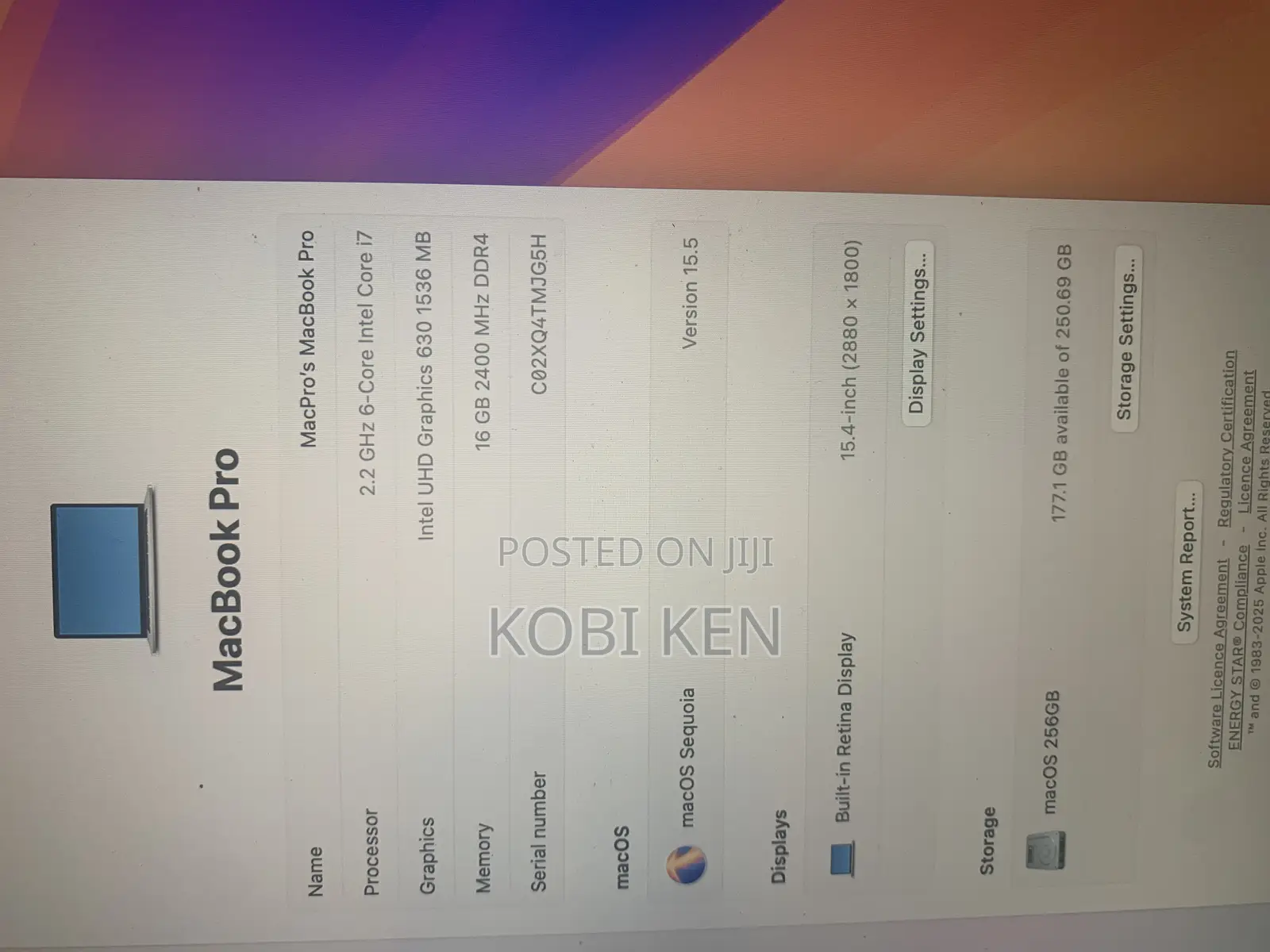 Laptop Apple MacBook Pro 2018 16GB Intel Core i7 SSD 256GB
