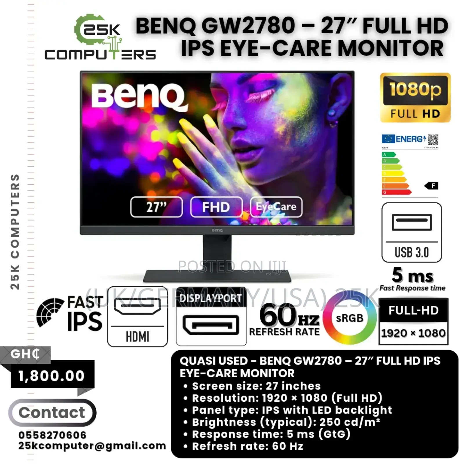 Benq 27" Full Hd Ips Eye-care Monitor 60hz, Hdmi, Displayport...