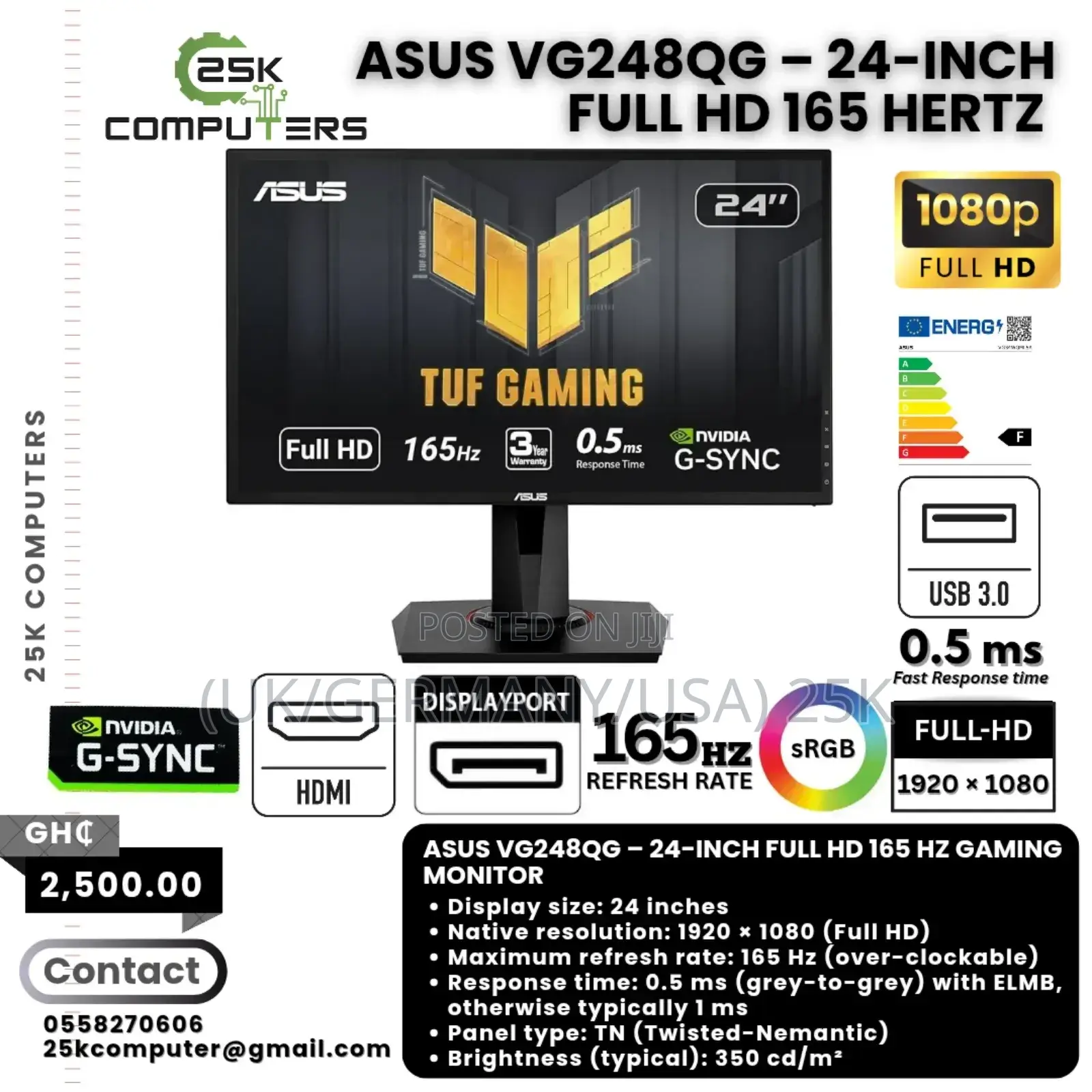 Asus 24′′ Gaming Monitor — 165 Hz, 0.5 Ms Full Hd, G-sync Compatible