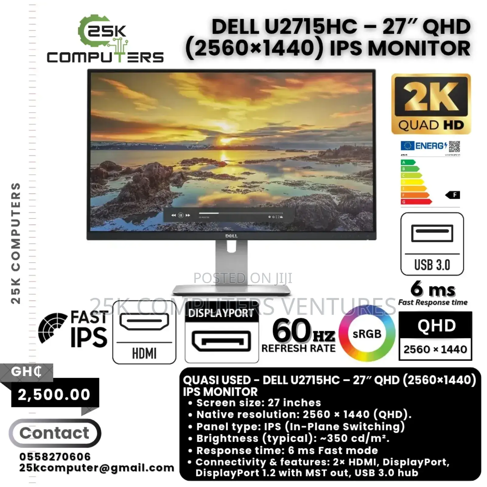 Dell Ultrasharp 27" Qhd Ips Monitor 60 Hz, Usb 3.0, Displayport, Hdmi)