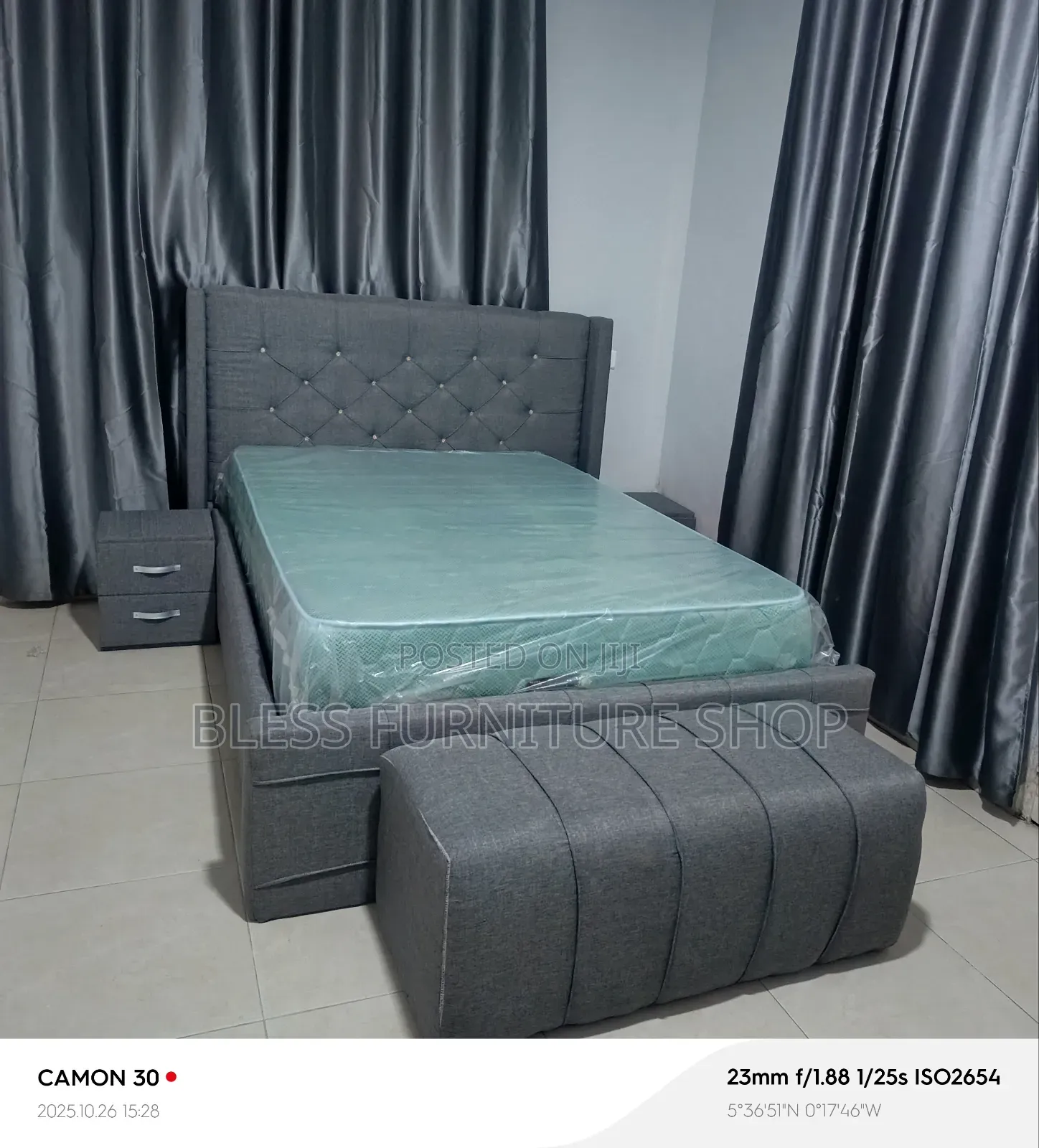 Dark Gray Double Bed Frame With Side Drawers and Ottoman With Mattress