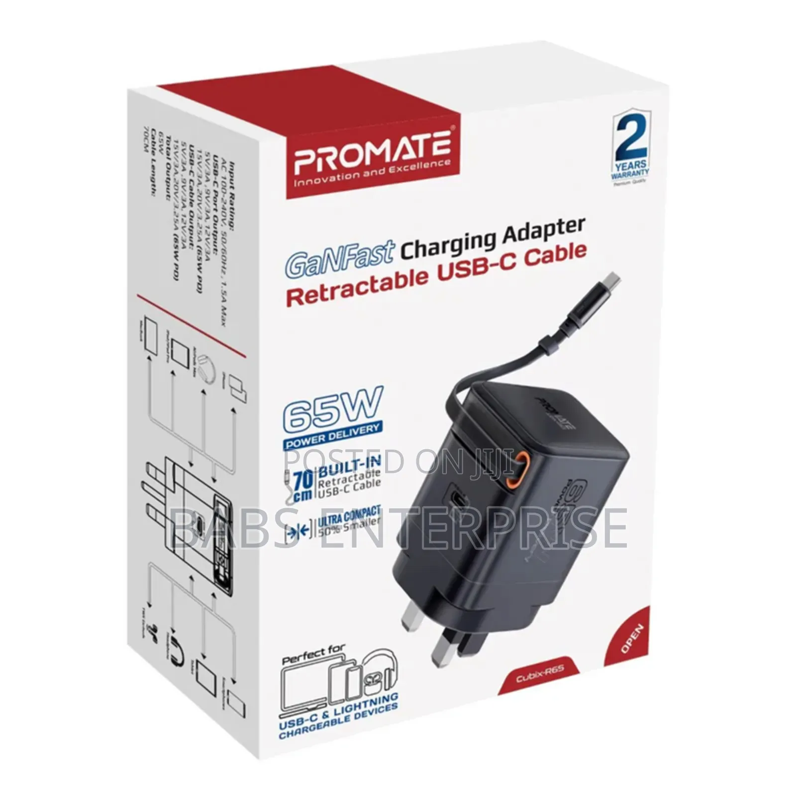 Promate Cubix-r65.Uk 65w Pd Ganfast Charging Adapter Usb-c Cable