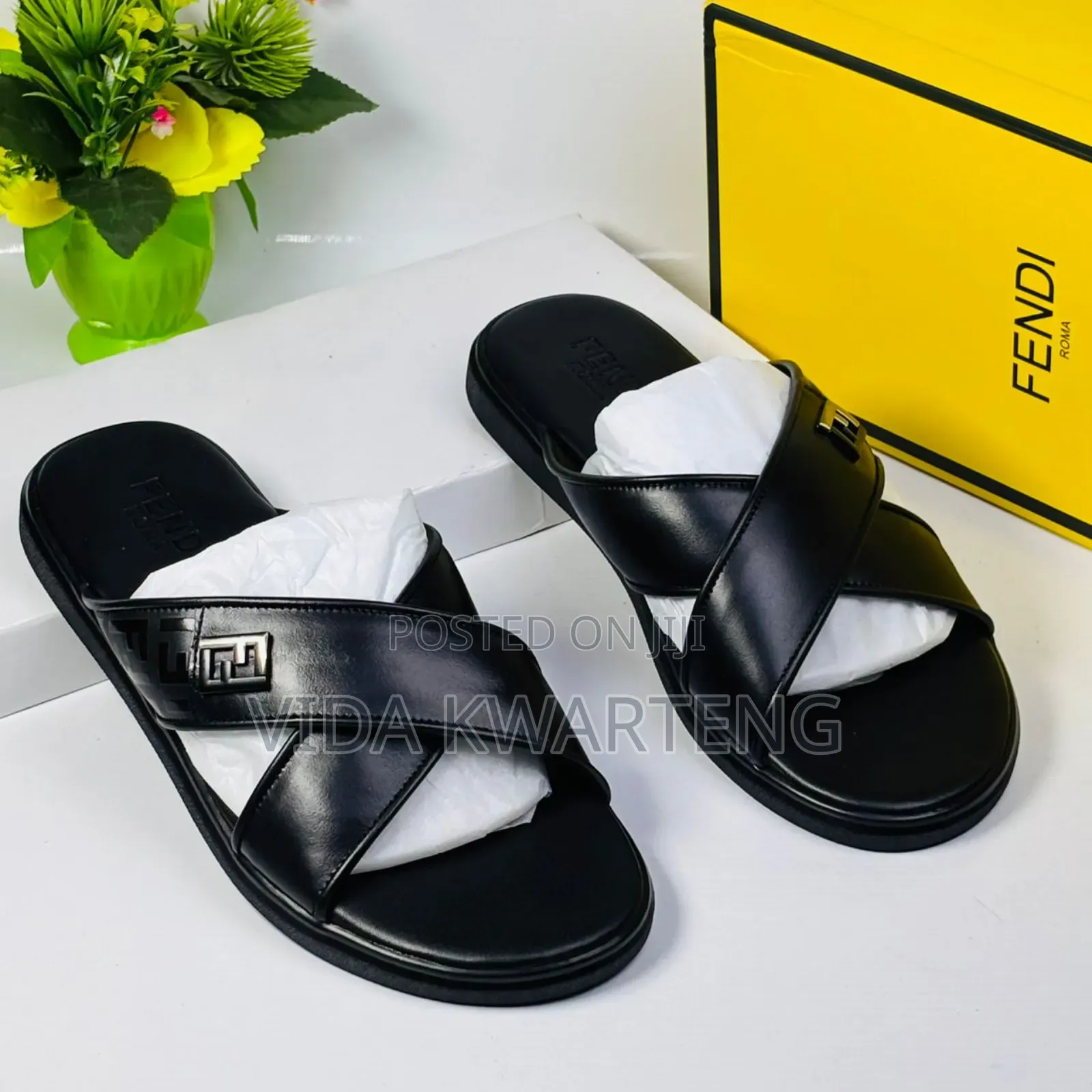 Fendi Black Leather Slippers