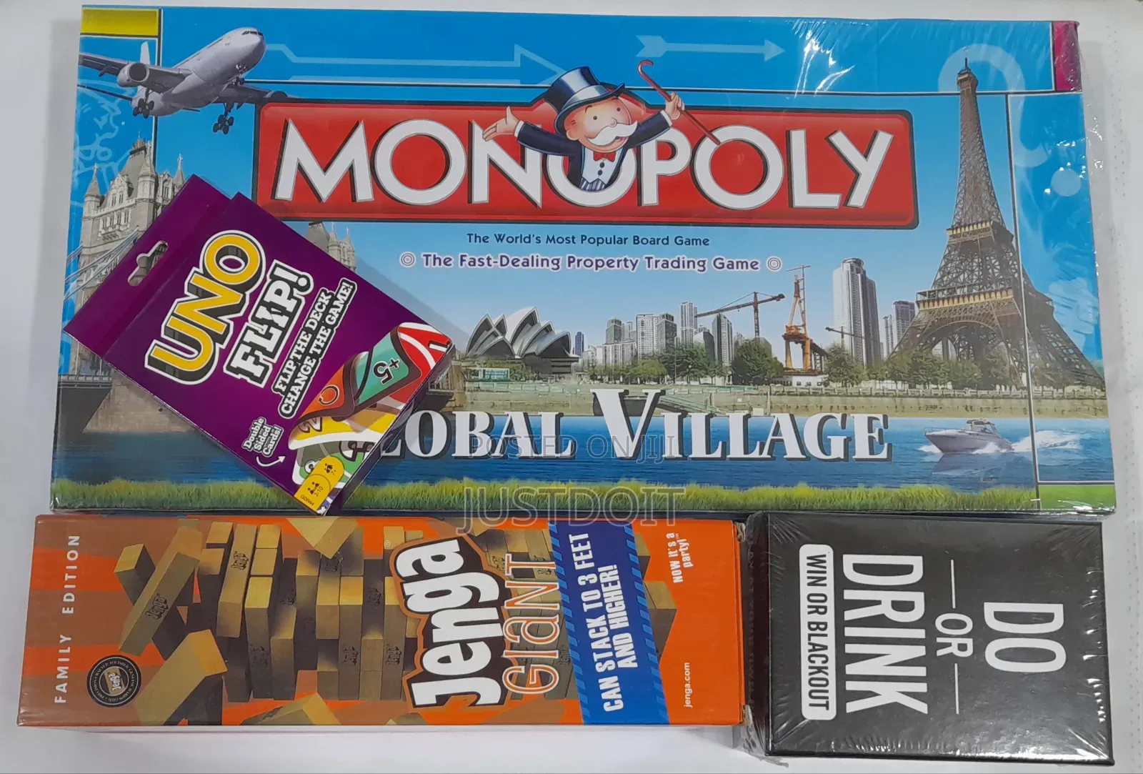 Monopoly + Uno + Jenga + Do or Drink