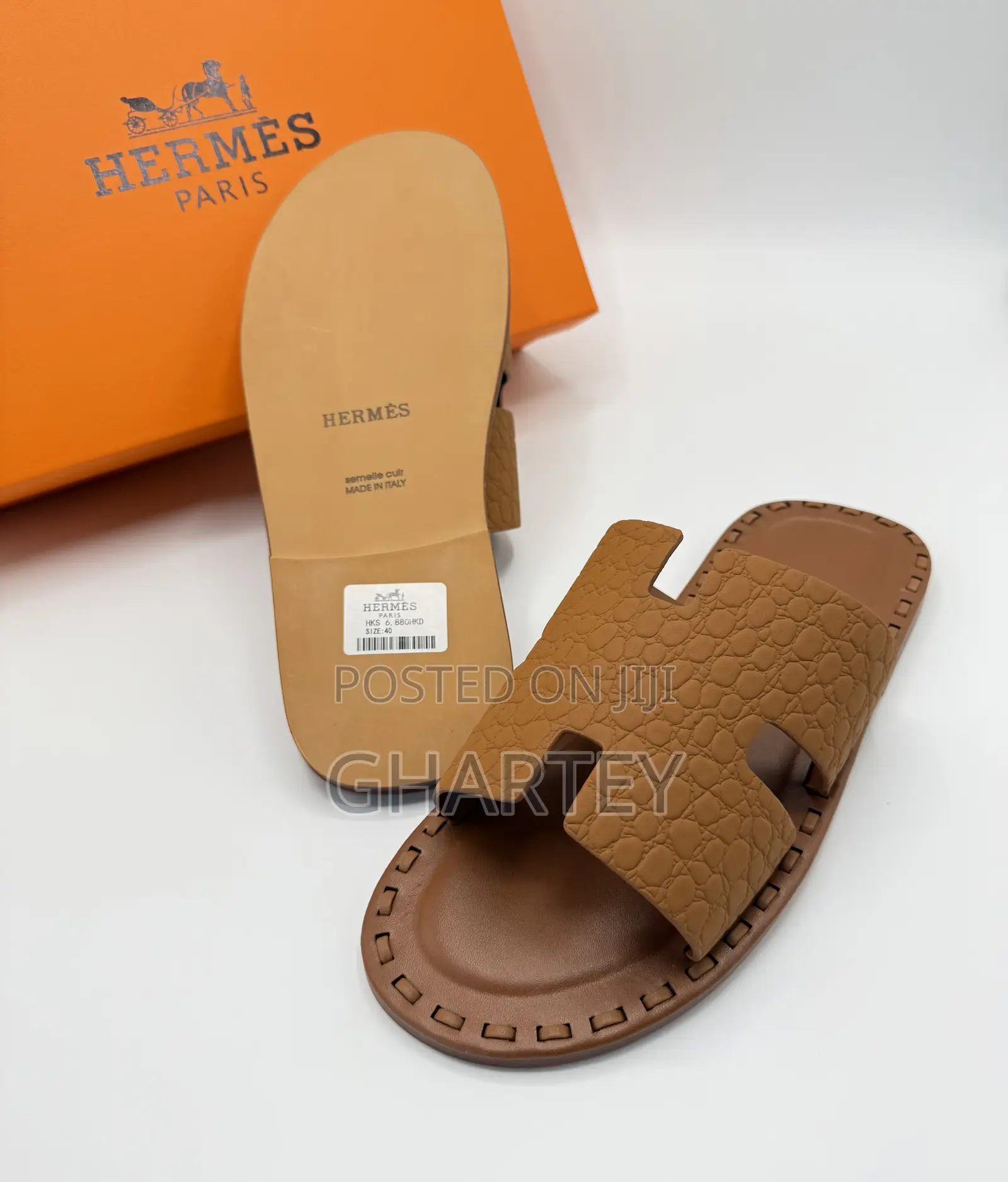 Luxury Tan Croc-Embossed Hermes Slides