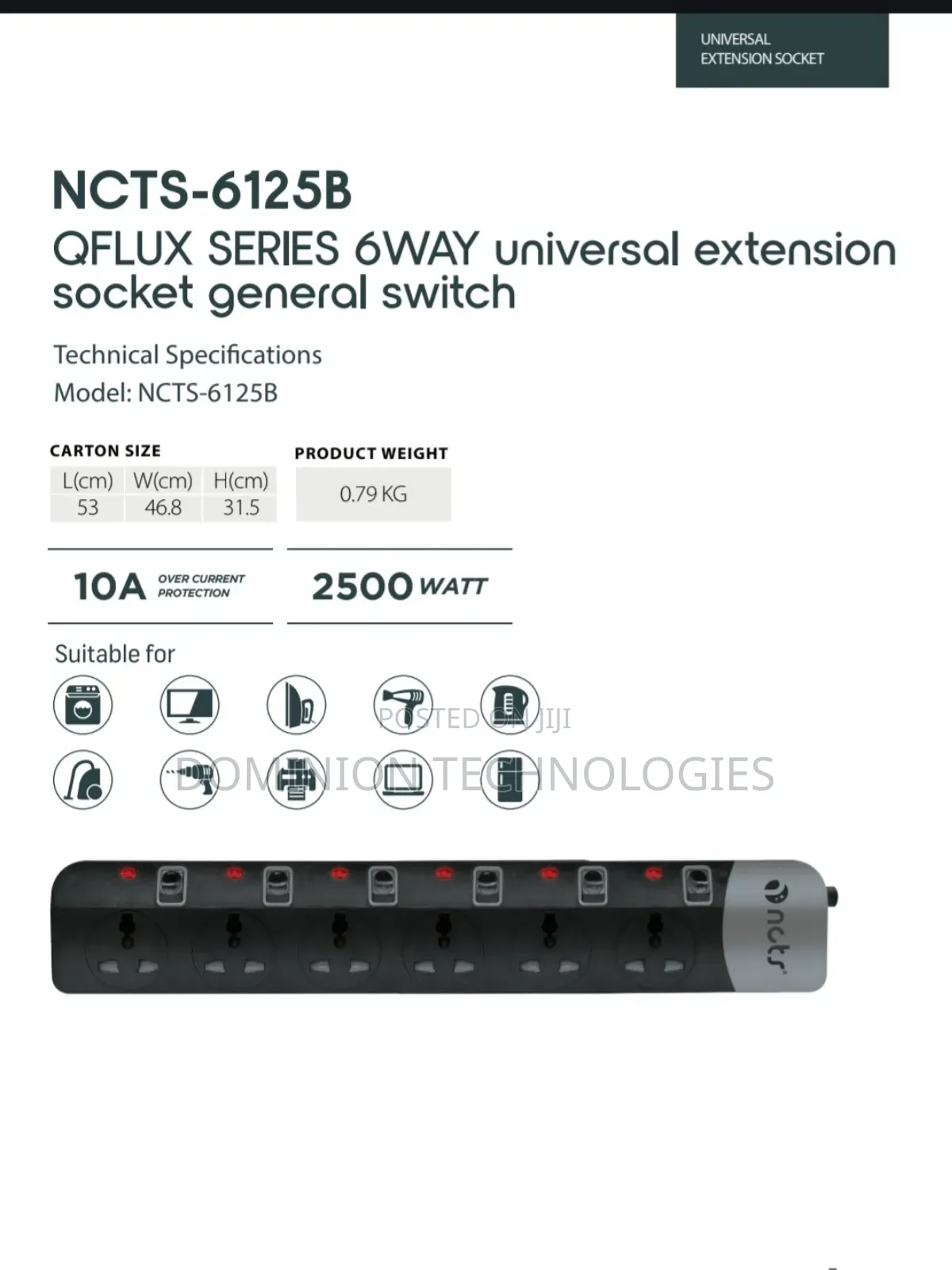 NCTS-6125b 6way Extension Sockets Universal 1.8m