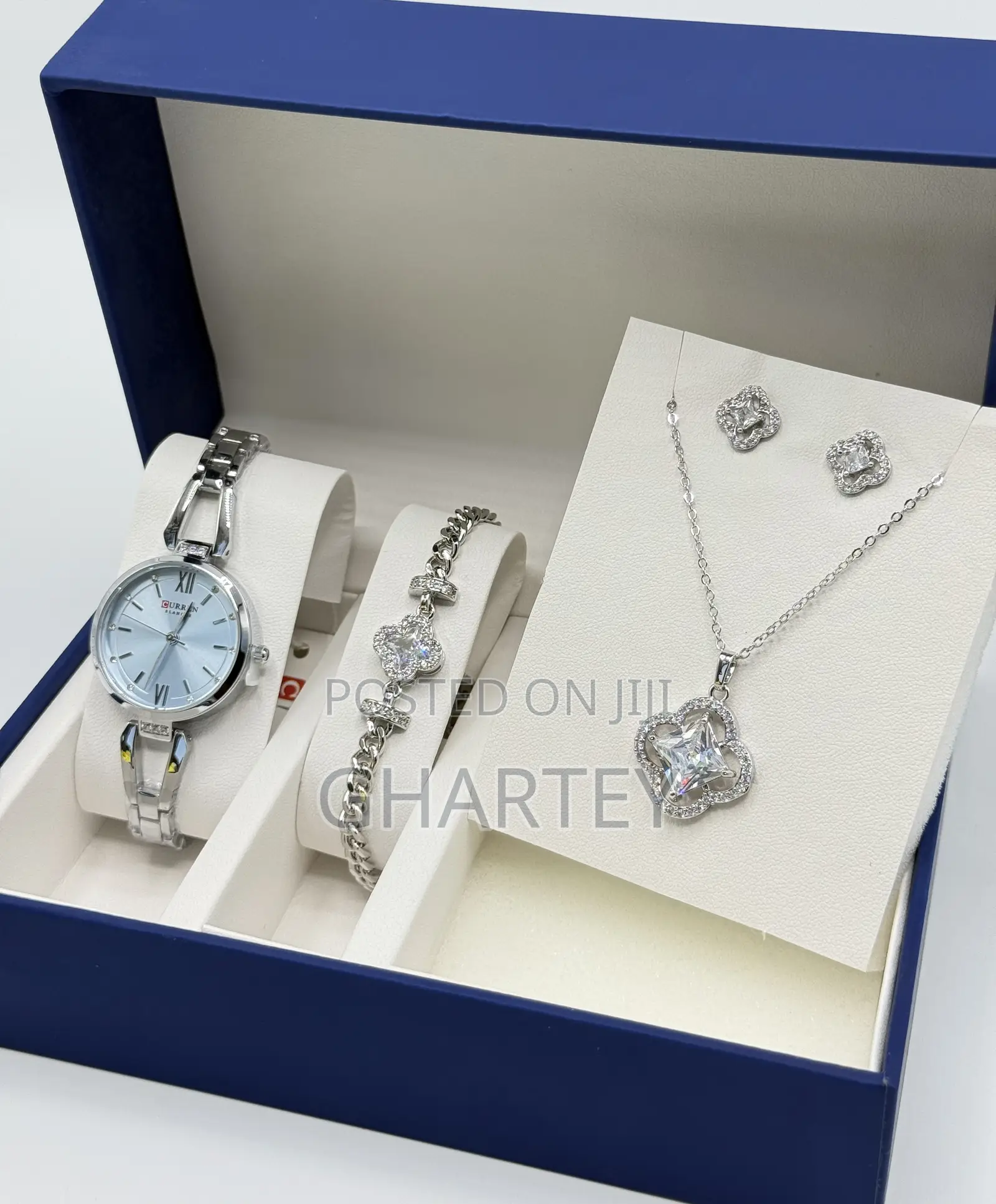 All Silver Unique Luxury Gift Set – Watch,Necklace,Earrings Bracelet