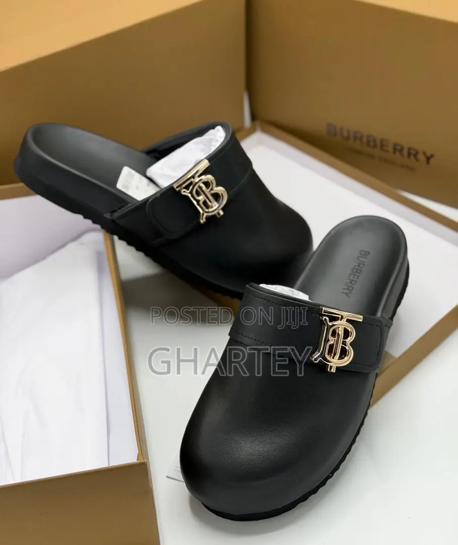 Burberry Monogram Motif Leather Clogs - Black, Brown White