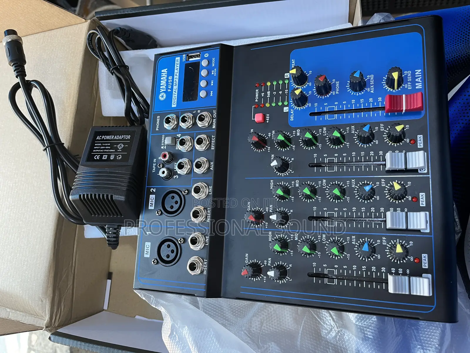 Yamaha F4usb, a 4-Channel Audio Mixer Console.