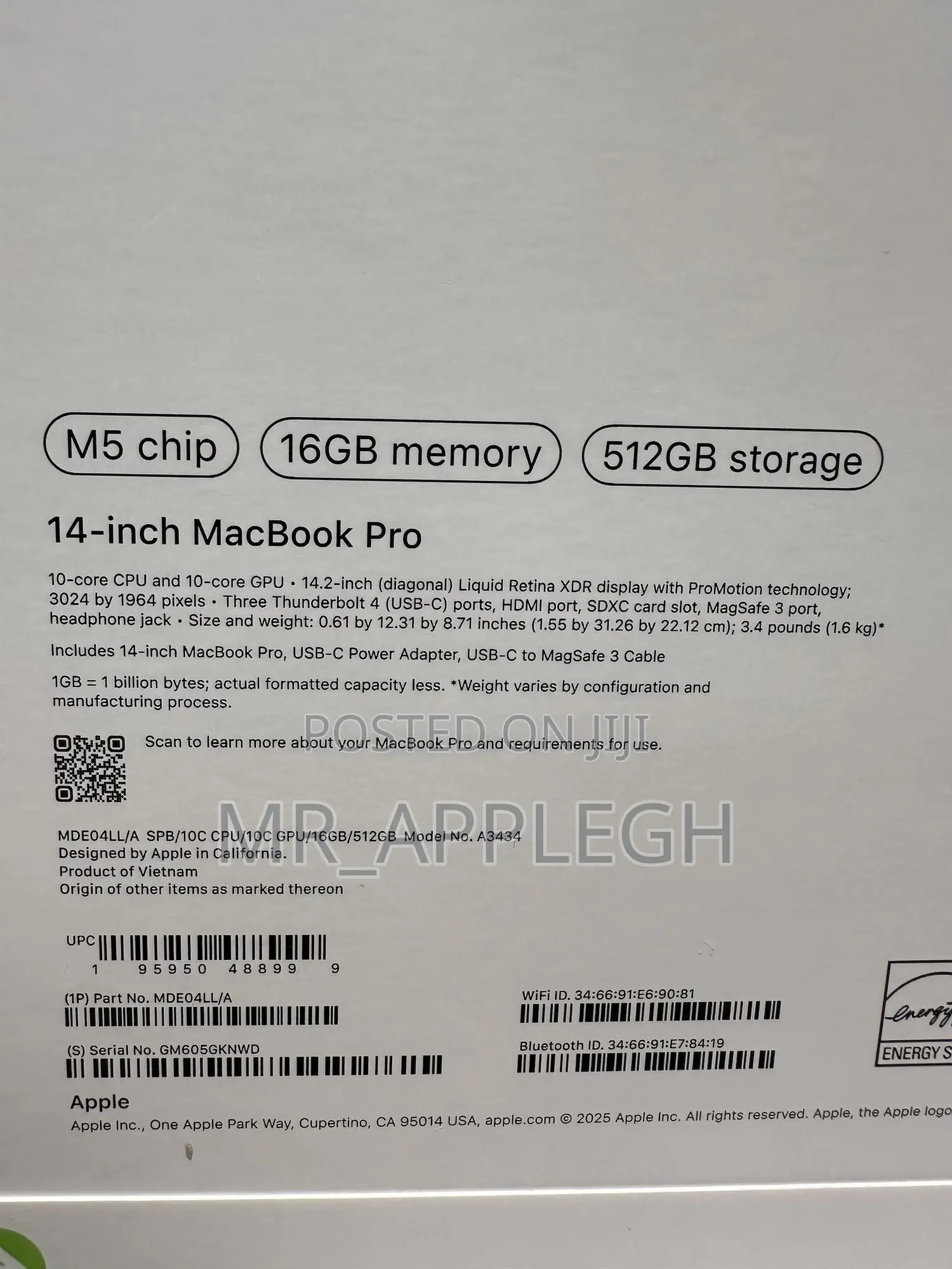 New Laptop Apple MacBook Pro 2025 M5 16GB Apple M5 SSD 512GB