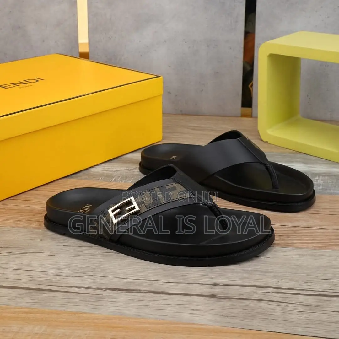 Fendi Roma Black Leather Slippers