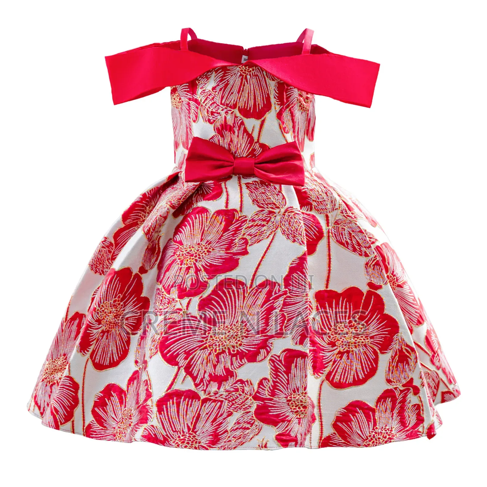 Red And White Floral Brocade Off-the-shoulder Dress With A Bow.