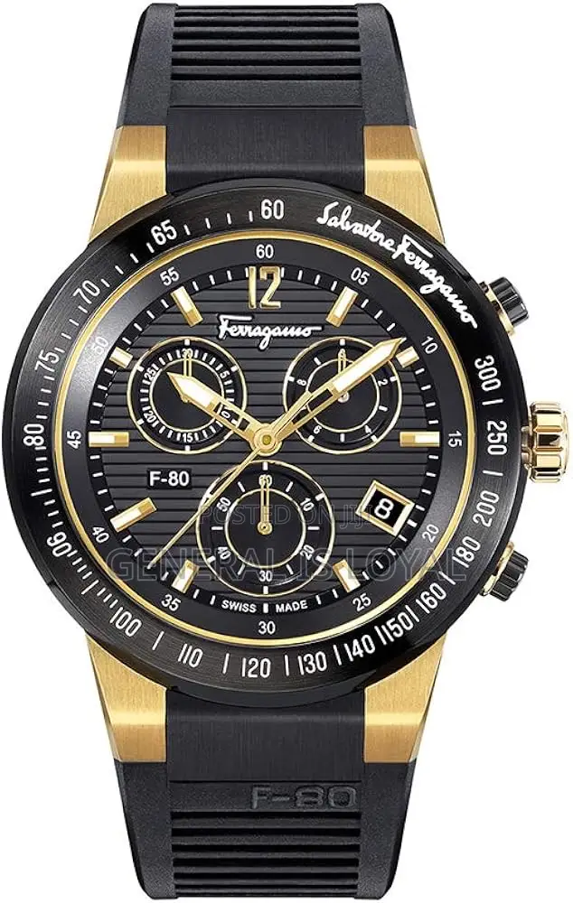 Salvatore Ferragamo F-80 Chrono Watch Black Rubber Strap Gold Tone