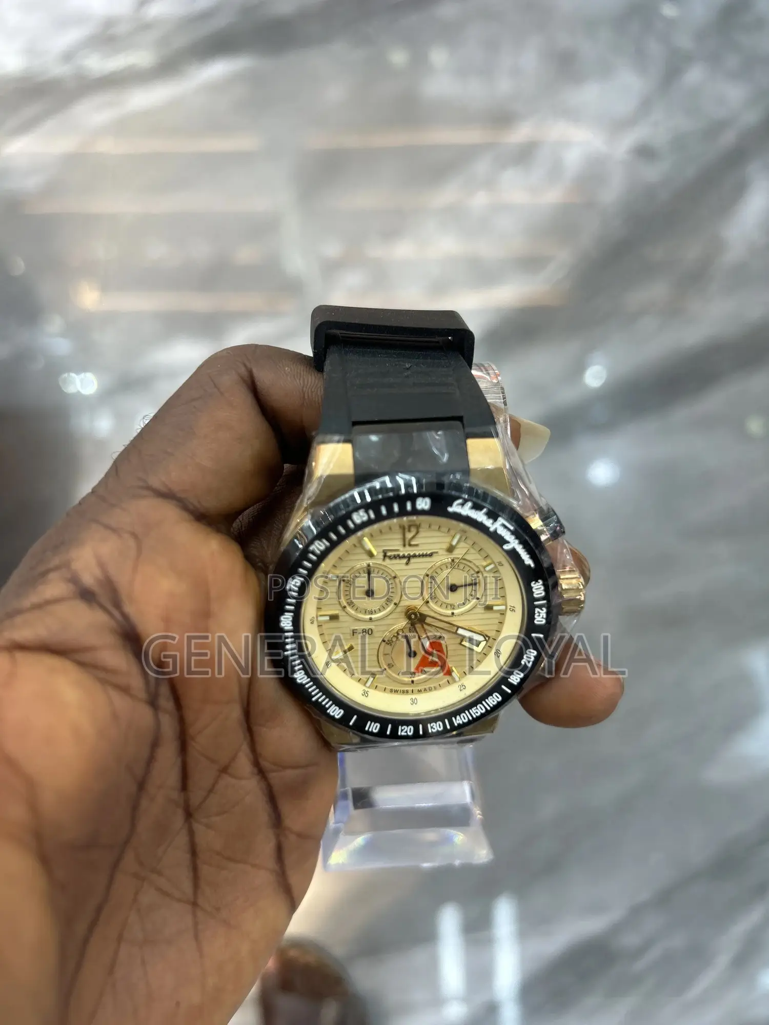 Salvatore Ferragamo F-80 Chrono Watch  Black Rubber Strap And Gold