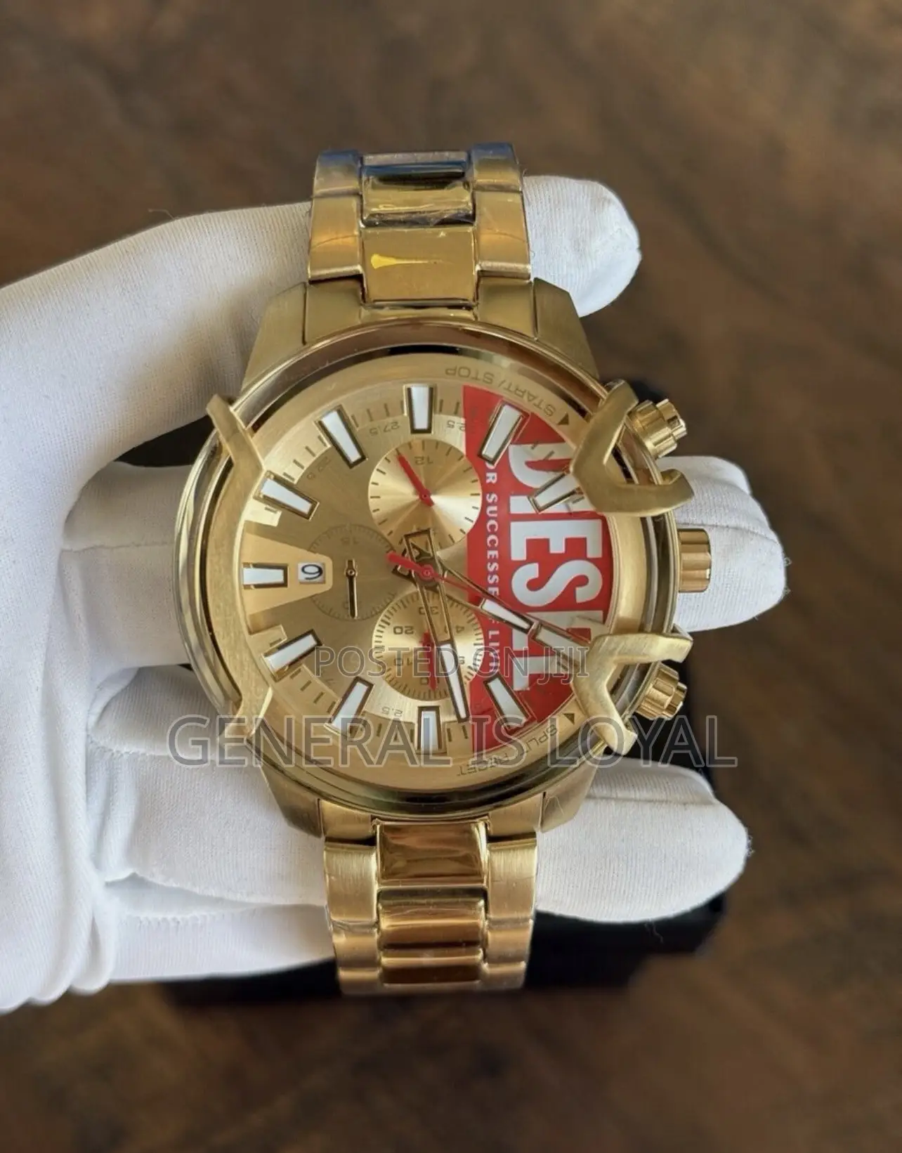 Diesel Griffed Mens Chronograph Watch, Gold Red Logo Dial, Stainless