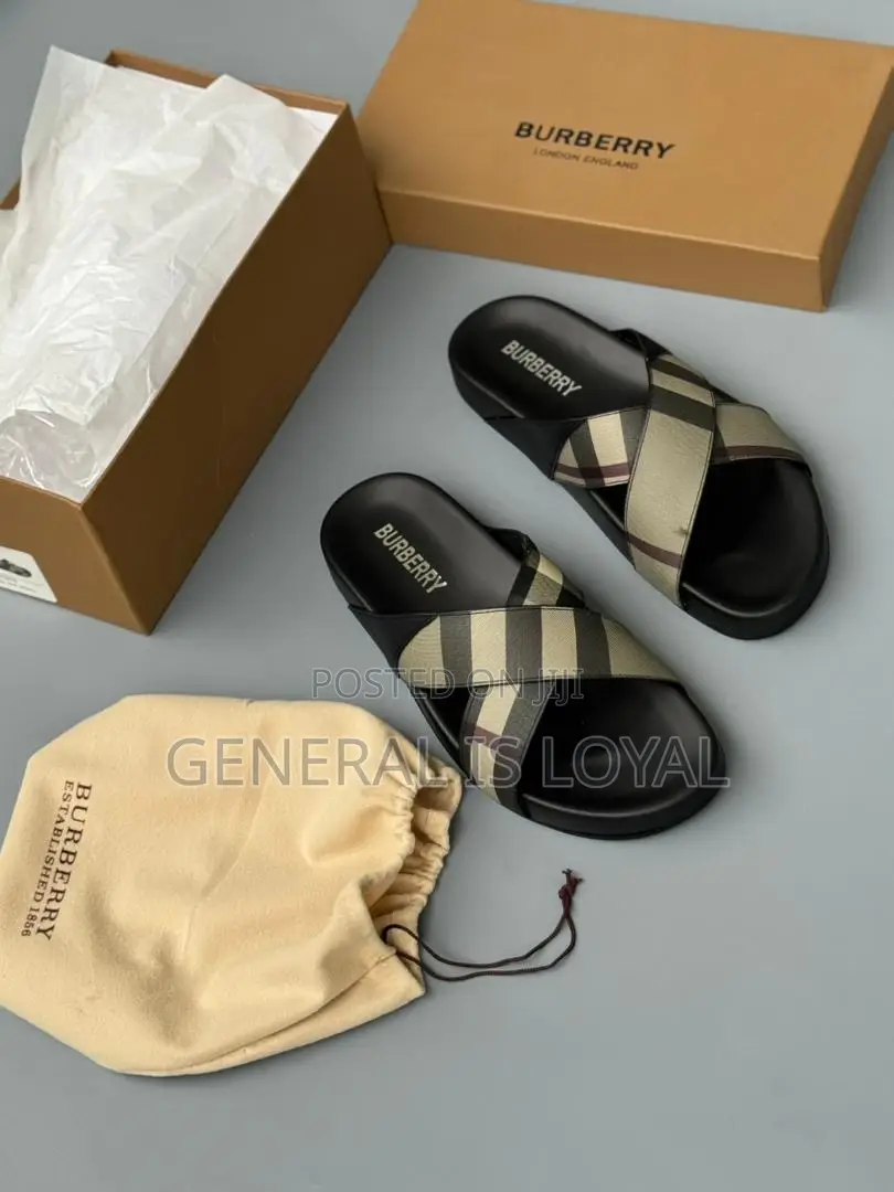 Burberry Check Pavilion Cross Slide Sandals.